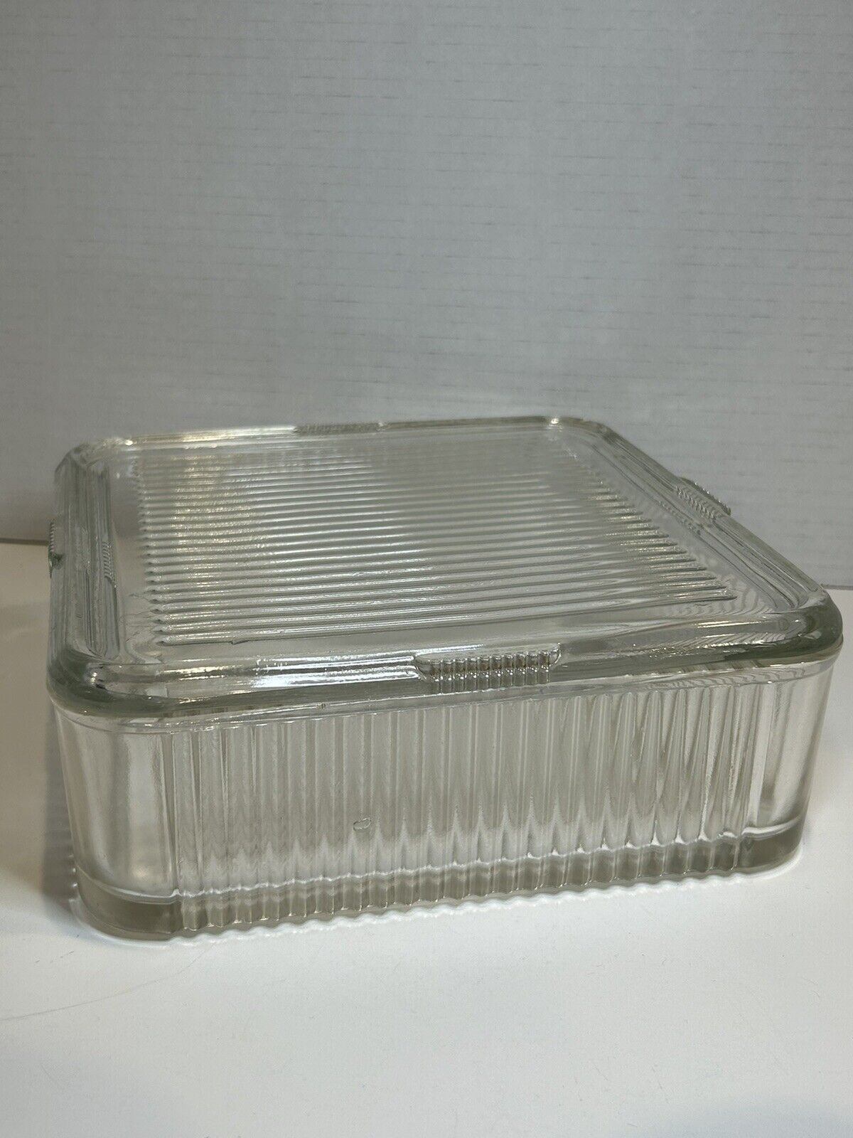Vintage Federal Glass? Ribbed Square Vegetable Refrigerator Dish with Lid 8”chip
