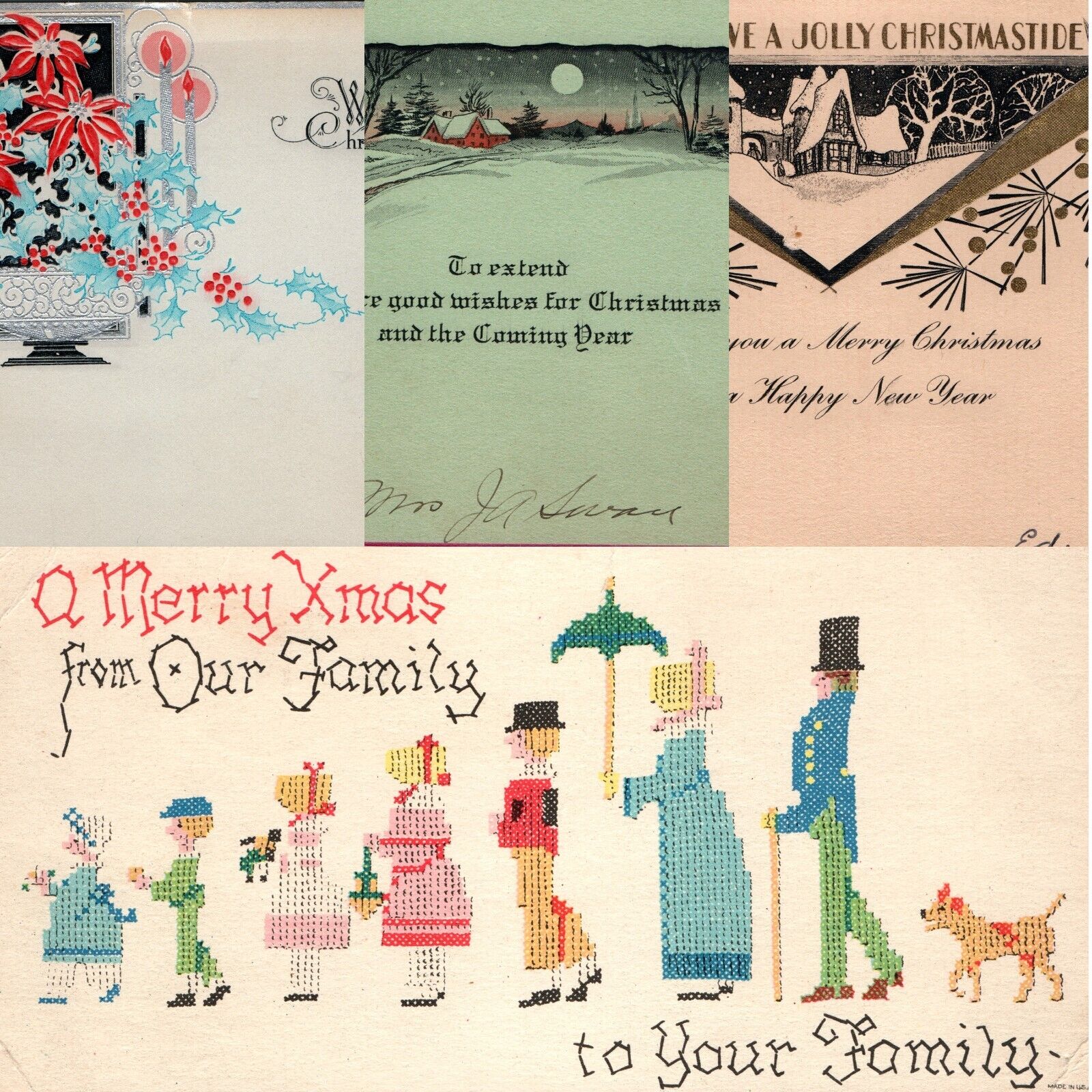 x4 LOT c1930s Merry Christmas & Happy New Year Greeting Cards Family Vtg Xmas 5I