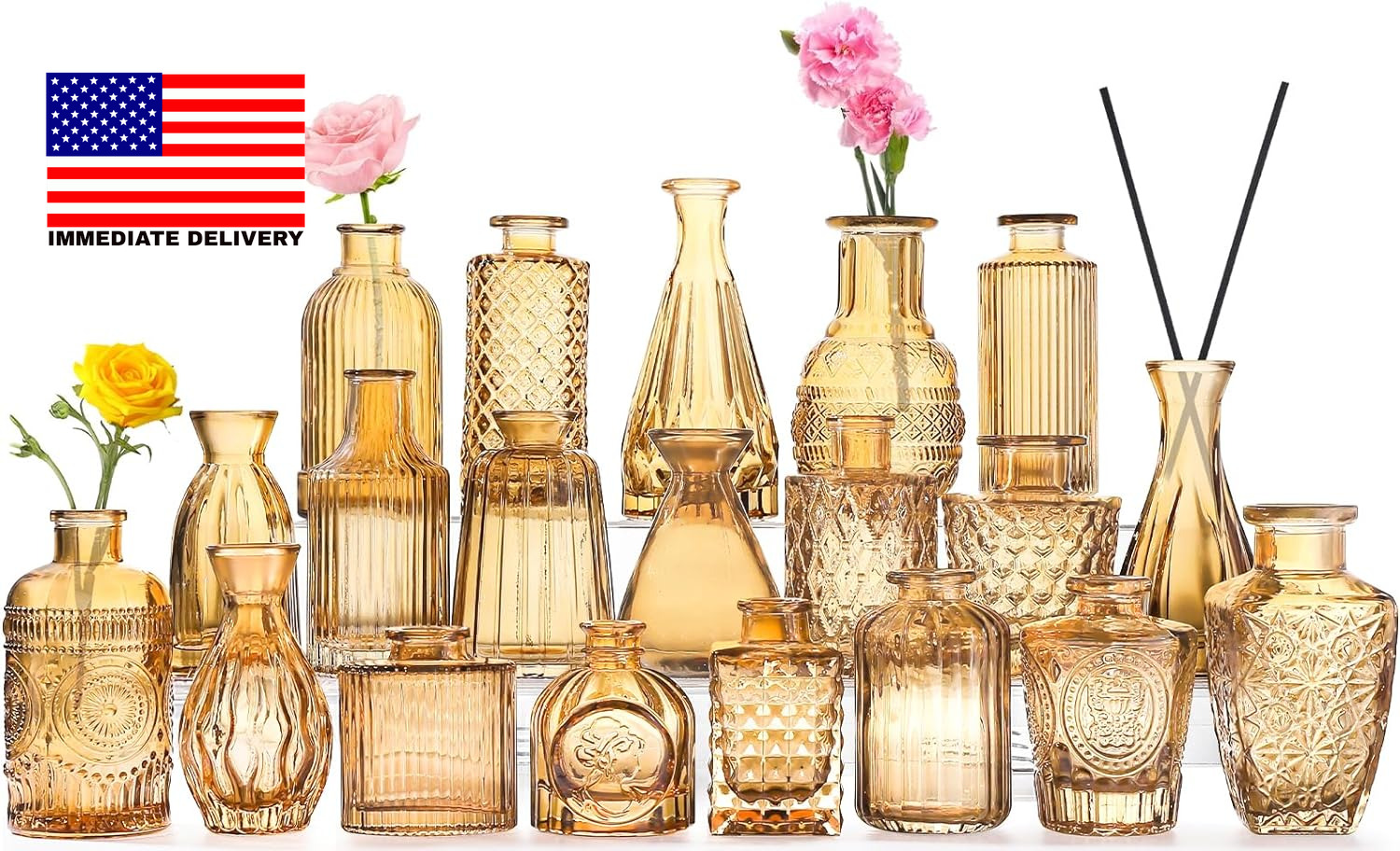 20 Pcs Amber Gold Glass Bud Vases- Set Amber Gold Small Vases for Flowers Vintag