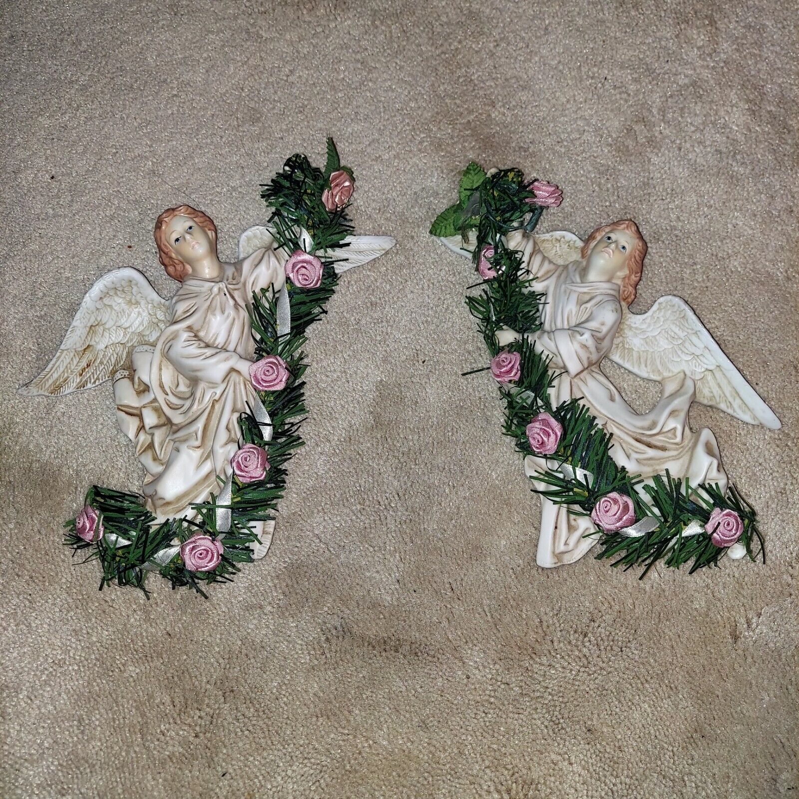 Vtg. Midwest Importer Ceramic Wall Plaques 2 Flying Angels w/Pink Rose Sachet