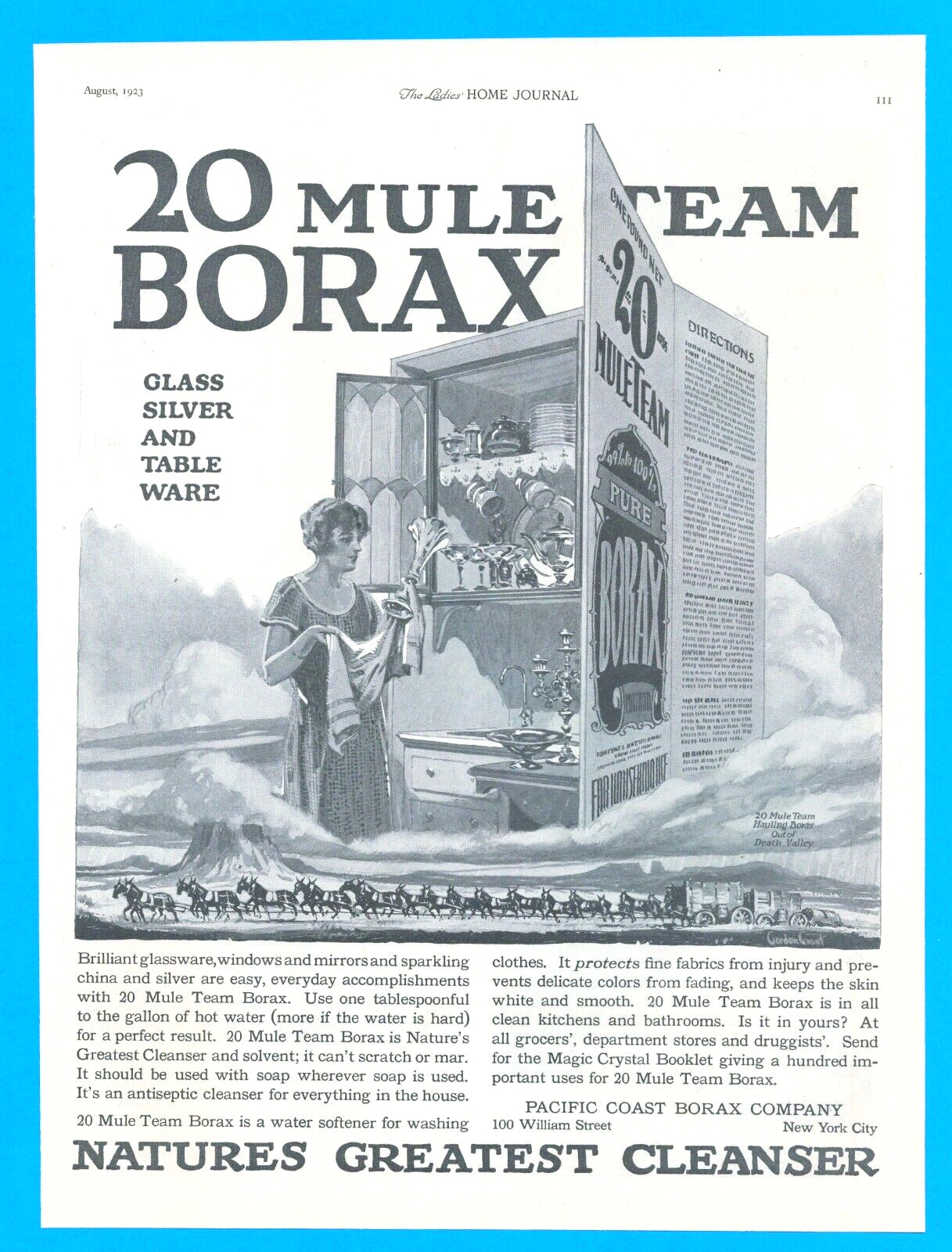 1923 Soap BORAX 20 MULE TEAM antique PRINT AD detergent Death Valley kitchen