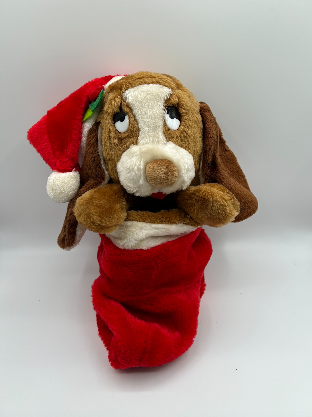 RARE VTG Christmas Stocking Smithy Bassett Hound Dog Puppy Reversible 80s Plush