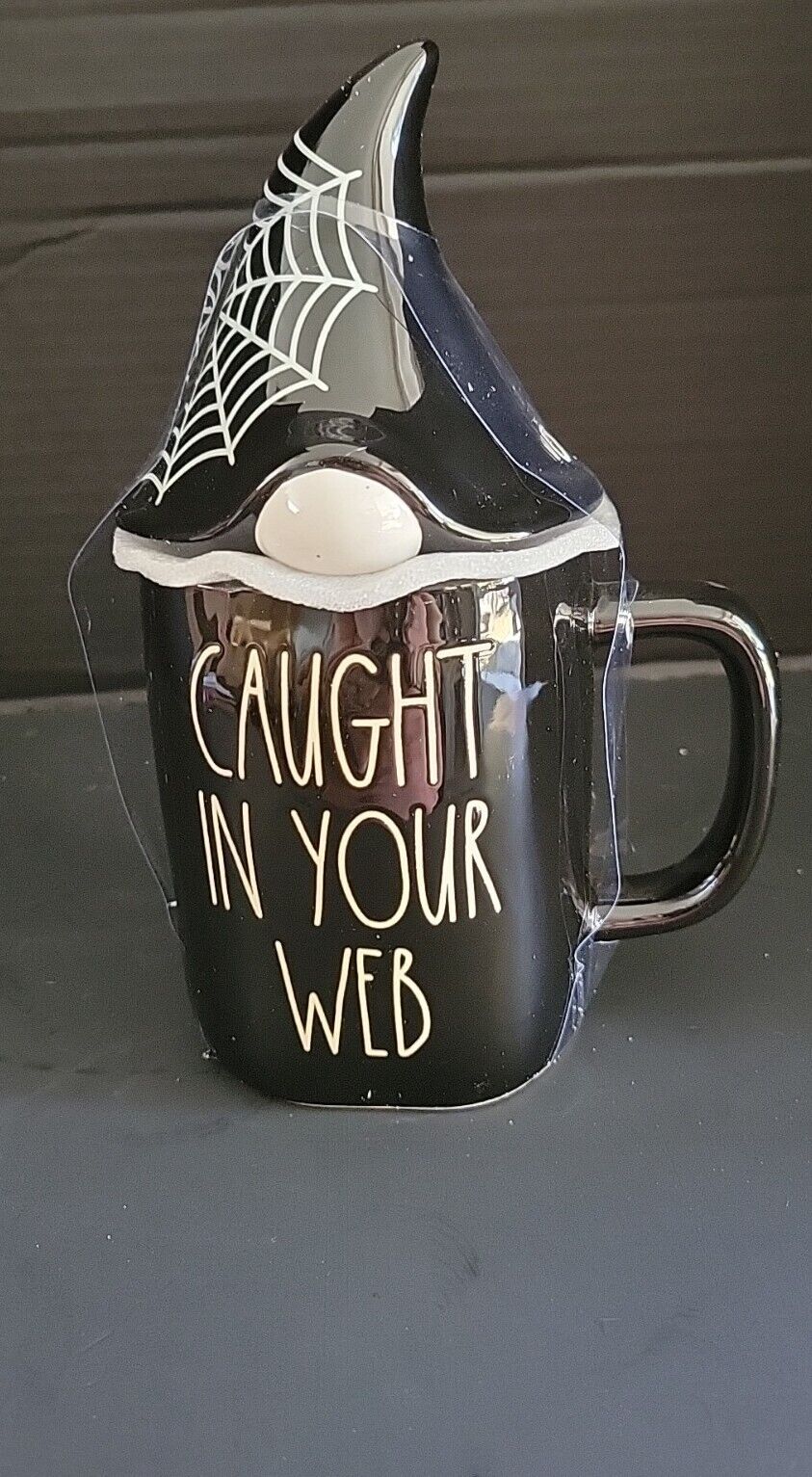 Rae Dunn CAUGHT IN YOUR WEB Mug with Gnome Topper Halloween.