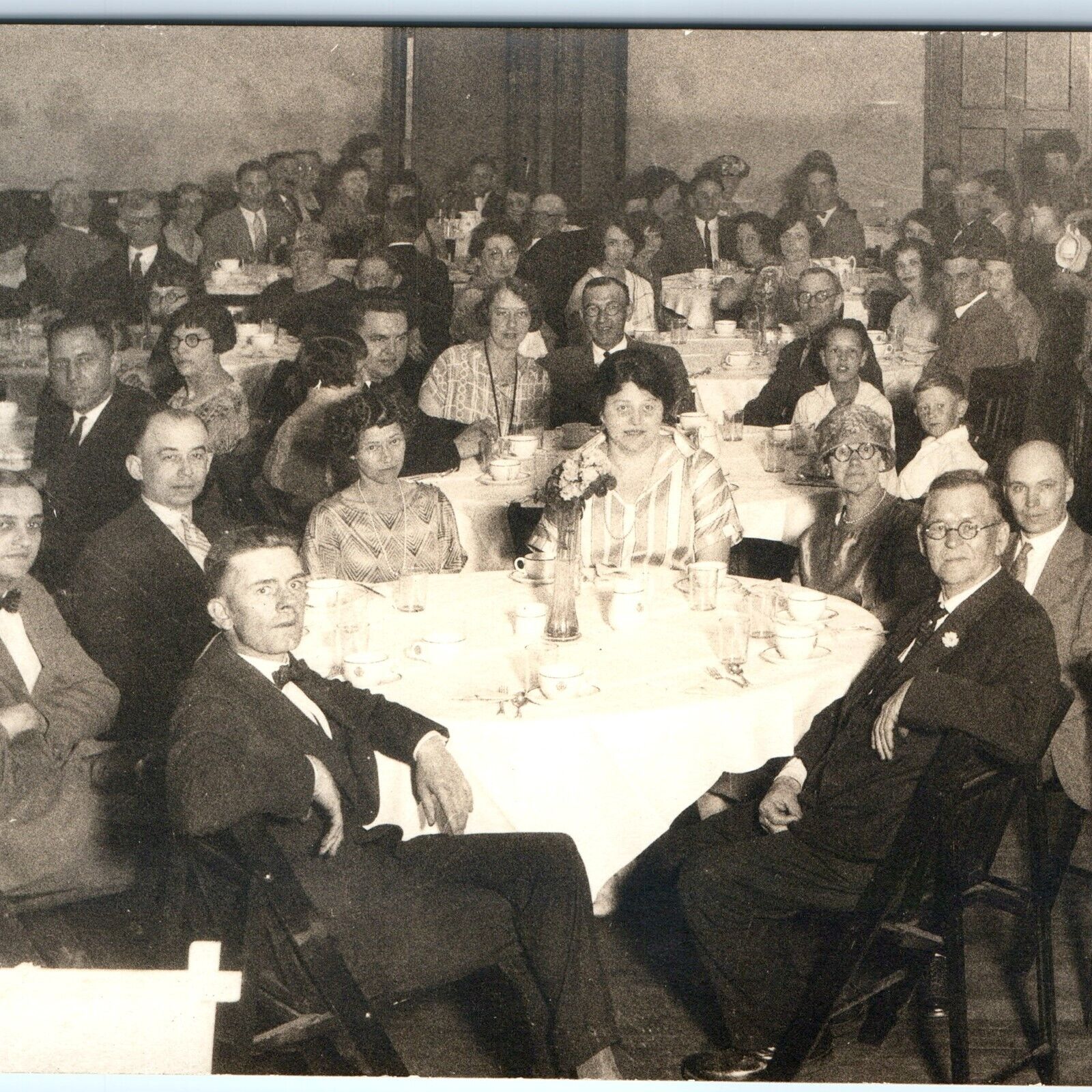 c1920s Banquet Group People Dine RPPC Tea Gentlemen Real Photo Reception? A161