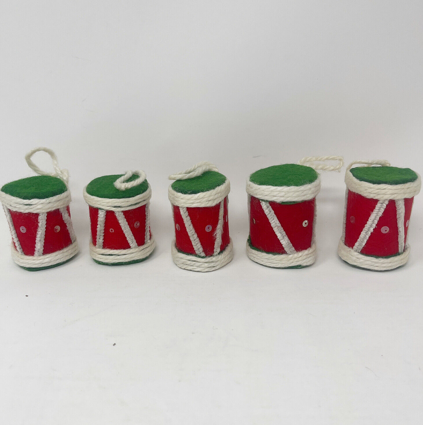 Vintage Lot Handmade from Kit Beaded Sequin Felt Christmas Ornament Drum Drummer