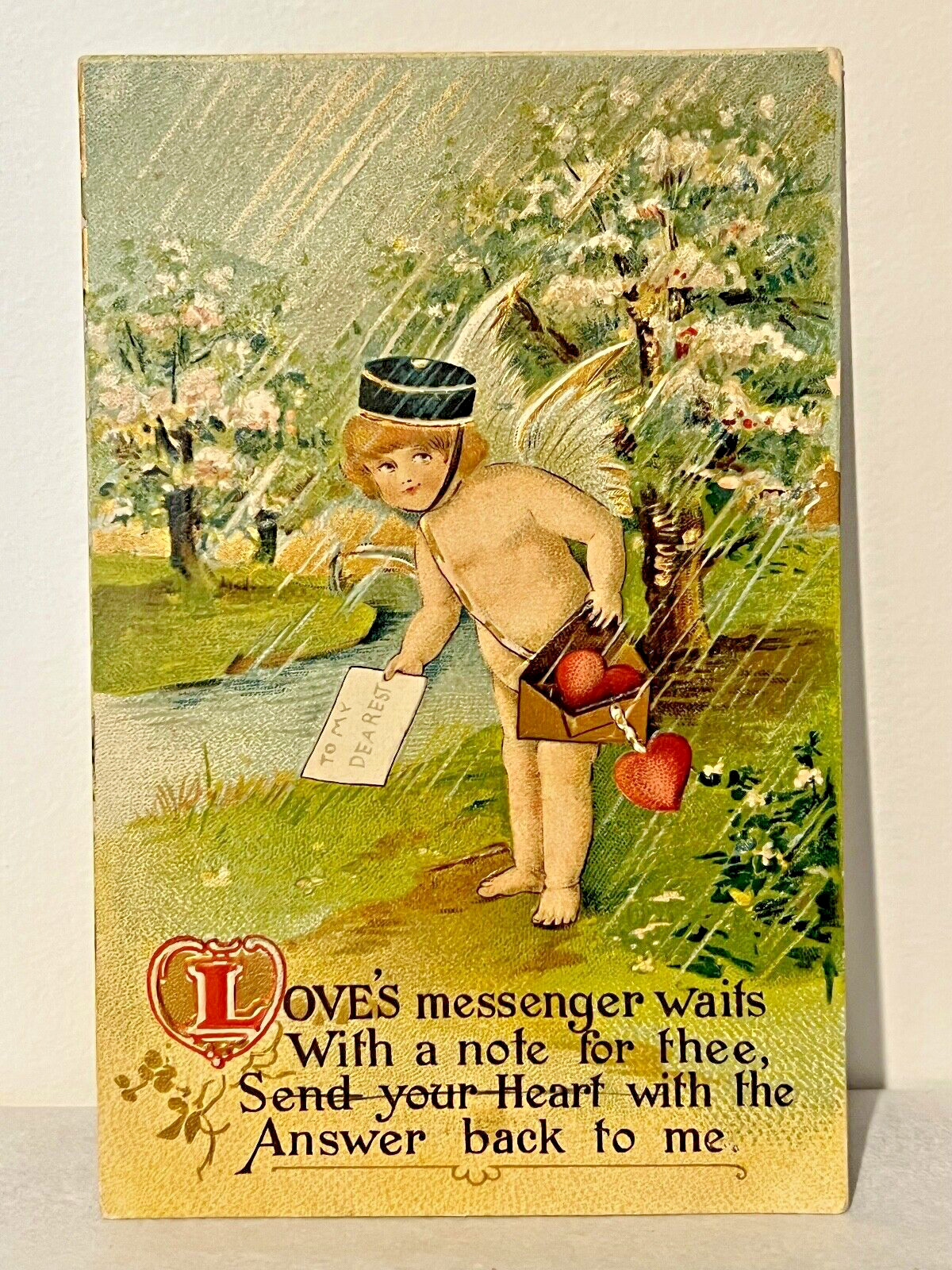 SWEET Antique VALENTINE\'S DAY POST CARD Art Nouveau CHERUB MESSENGER W/ HEARTS