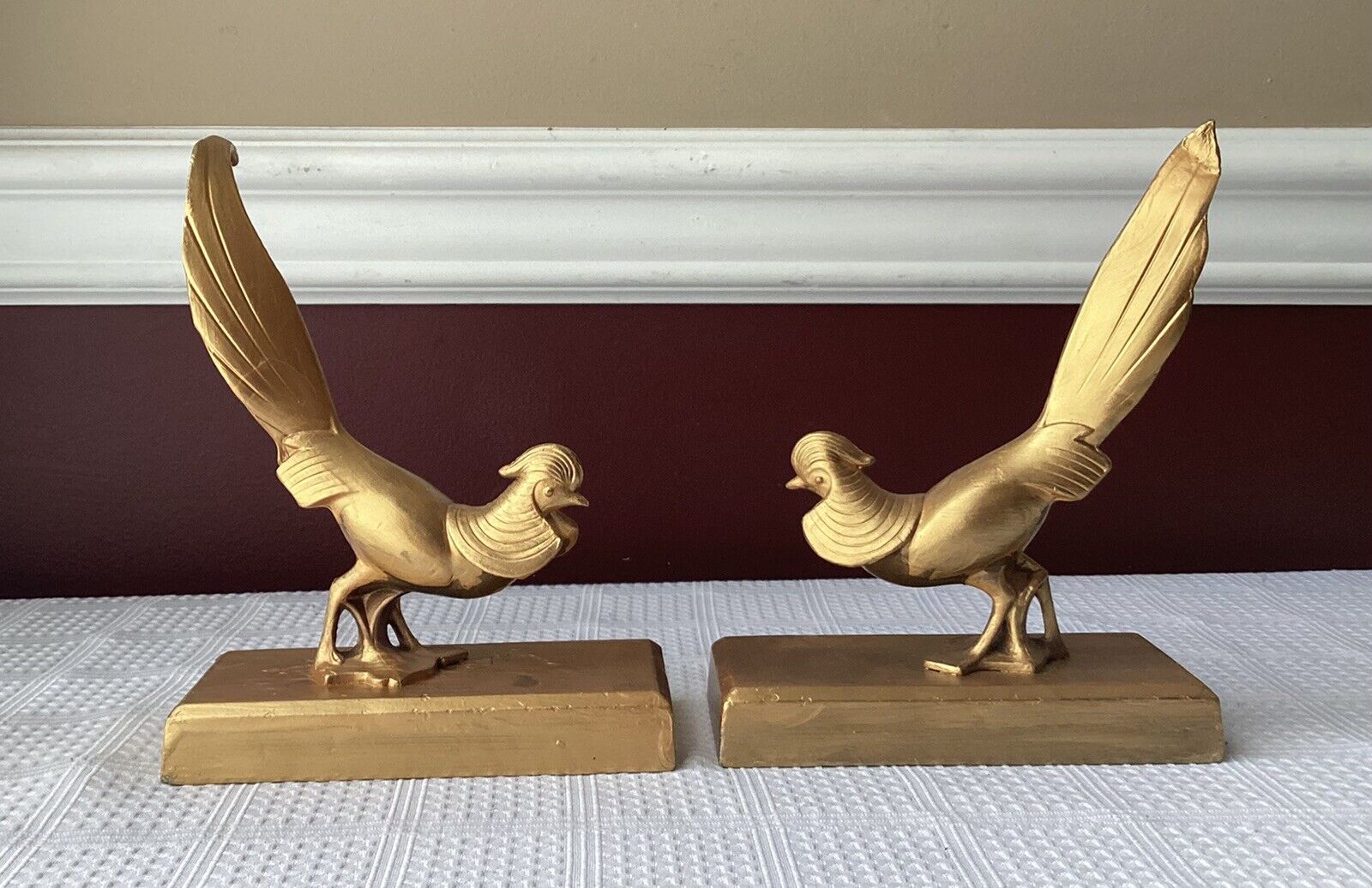 Pair of Vintage/Antique Metal Chinese Pheasant Figurines/ Bookends