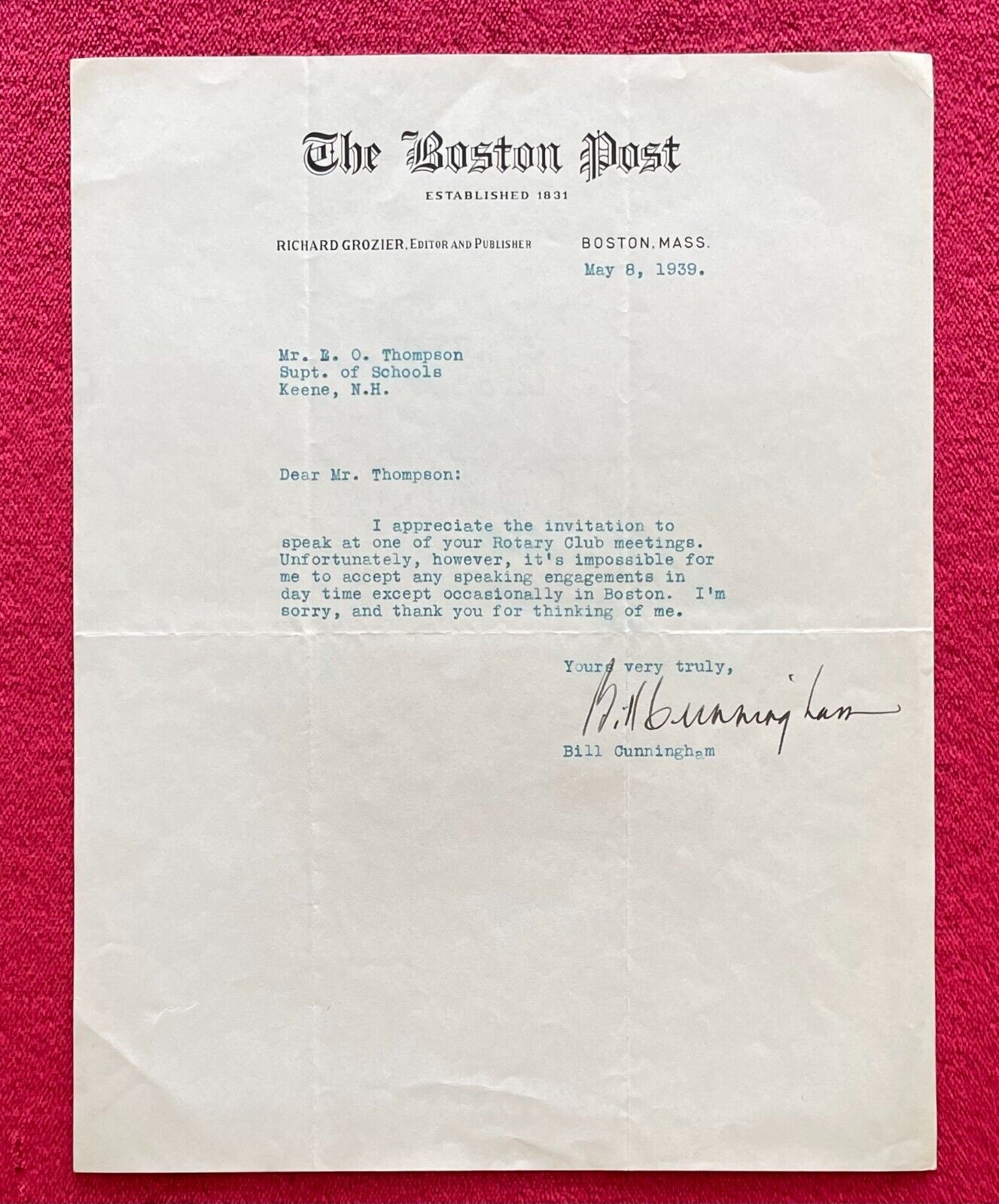 1939 BOSTON POST LETTER FROM NATIONALLY KNOWN SPORTS WRITER BILL CUNNINGHAM