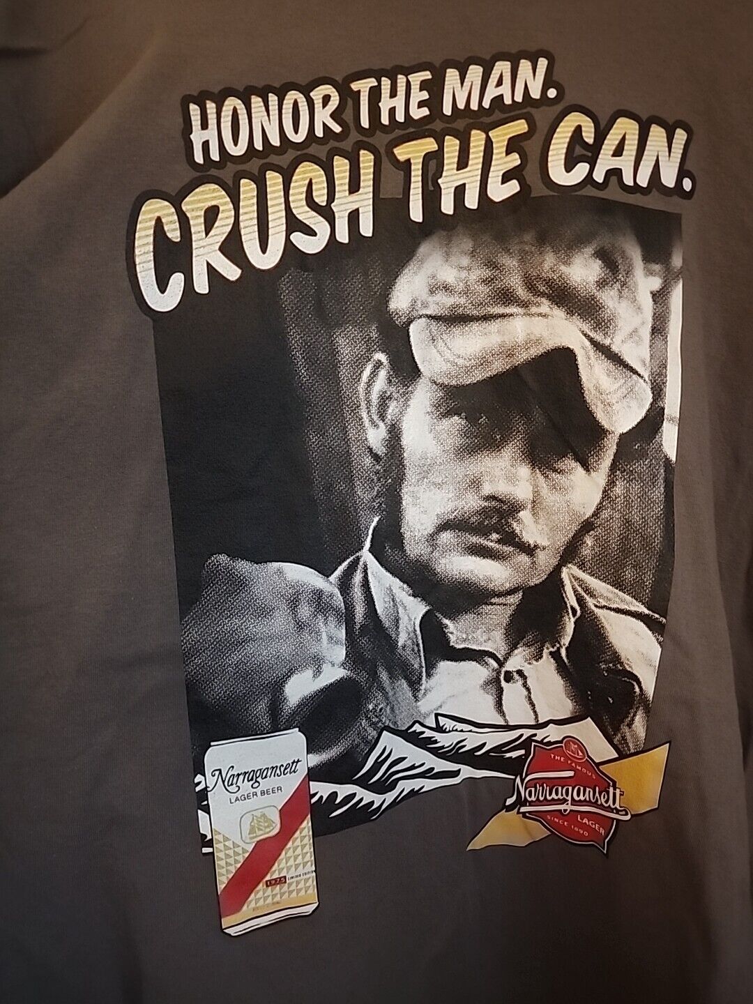 Narragansett Lager Beer Honor The Man Crush The Can Sz L Jaws CR3 Excellent 