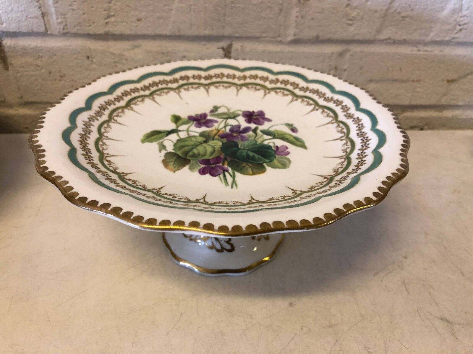 Antique English Porcelain Floral Botanical Compote with Blue & Gold Trim