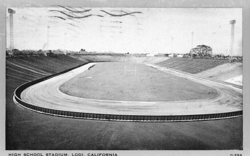 Vtg Postcard High School Football Stadium Lodi, CA Posted 1946