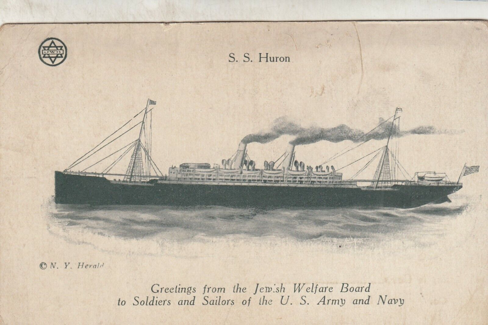 WWI  Greetings Jewish Welfare Board Steamship SS Huron  Steamer Postcard  Navy