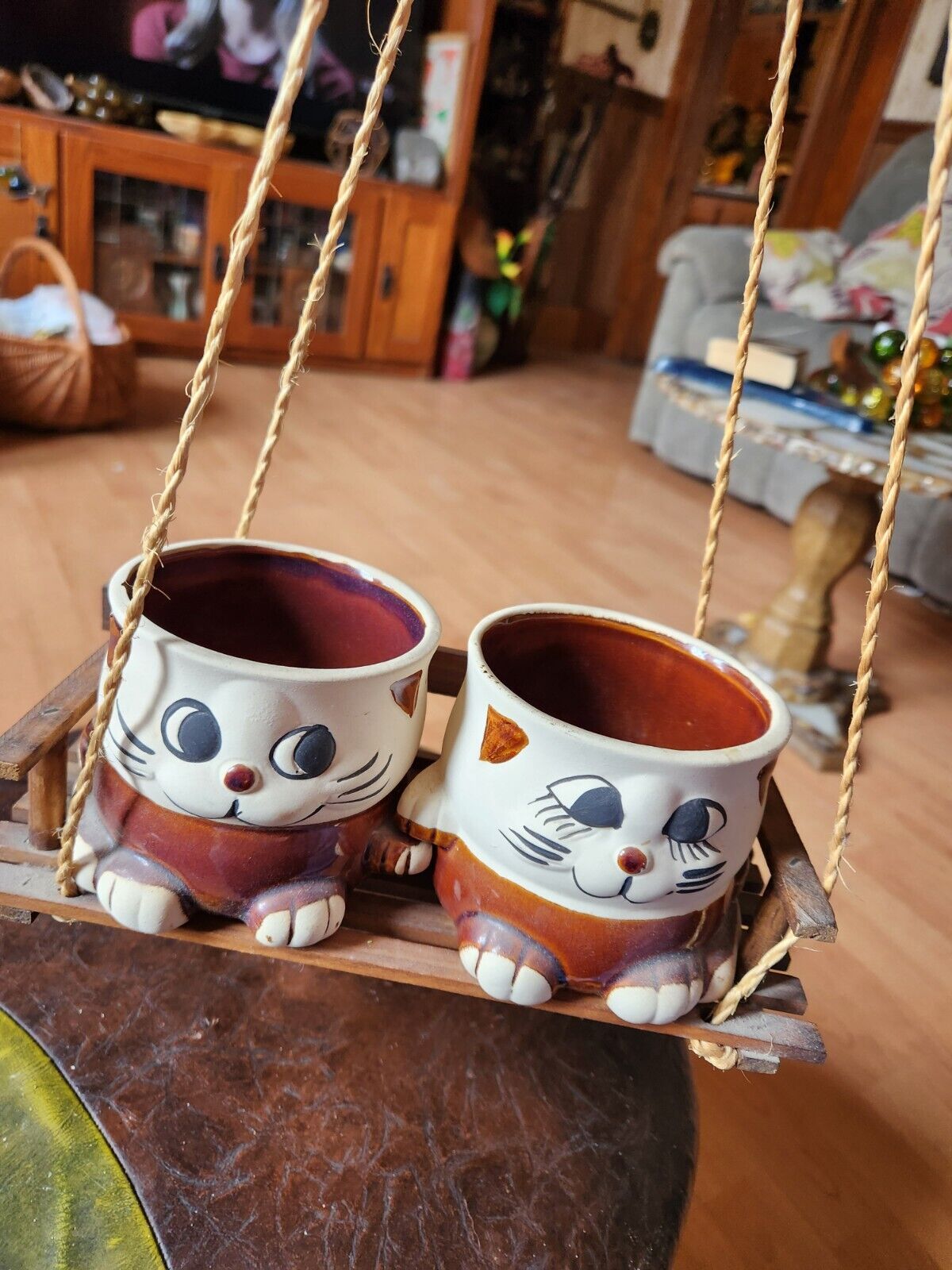 Vintage Ceramic Kitty Cat Planters On A Wooden Swing Hanging Planter 