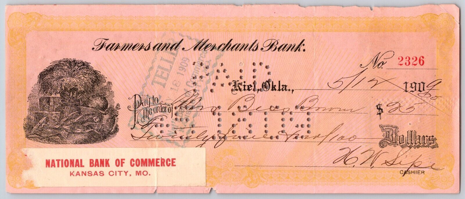 Kiel, Oklahoma 1909 Farmers and Merchants Bank Check w/ Vignette - Scarce