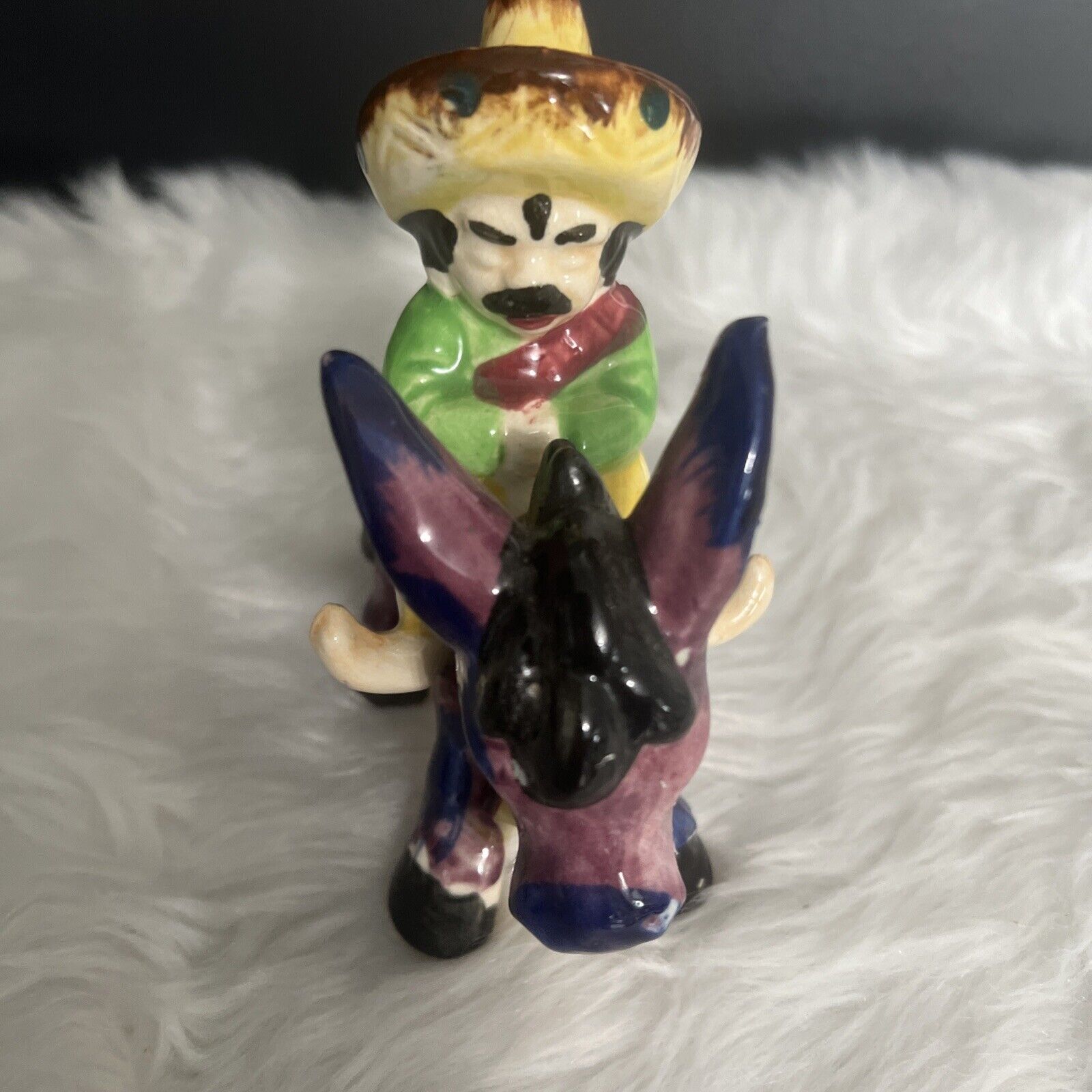 Vintage 4” Spanish Folk Art Porcelain Mexican with Sombrero Riding Purple Donkey
