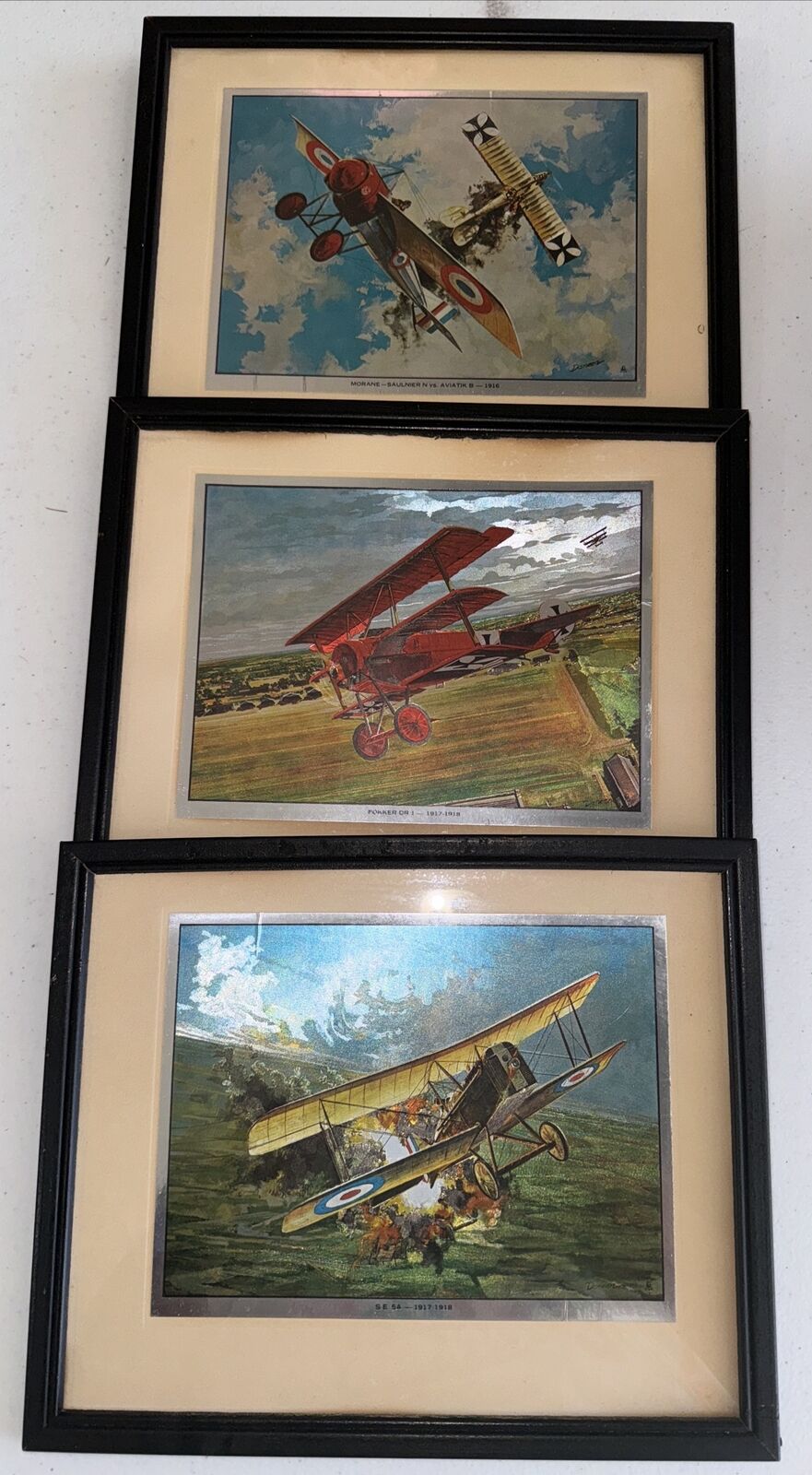 3 VTG Foil Art Print WW1 World War Fighter Planes Framed SE 5A/FokkerDR1/Morane