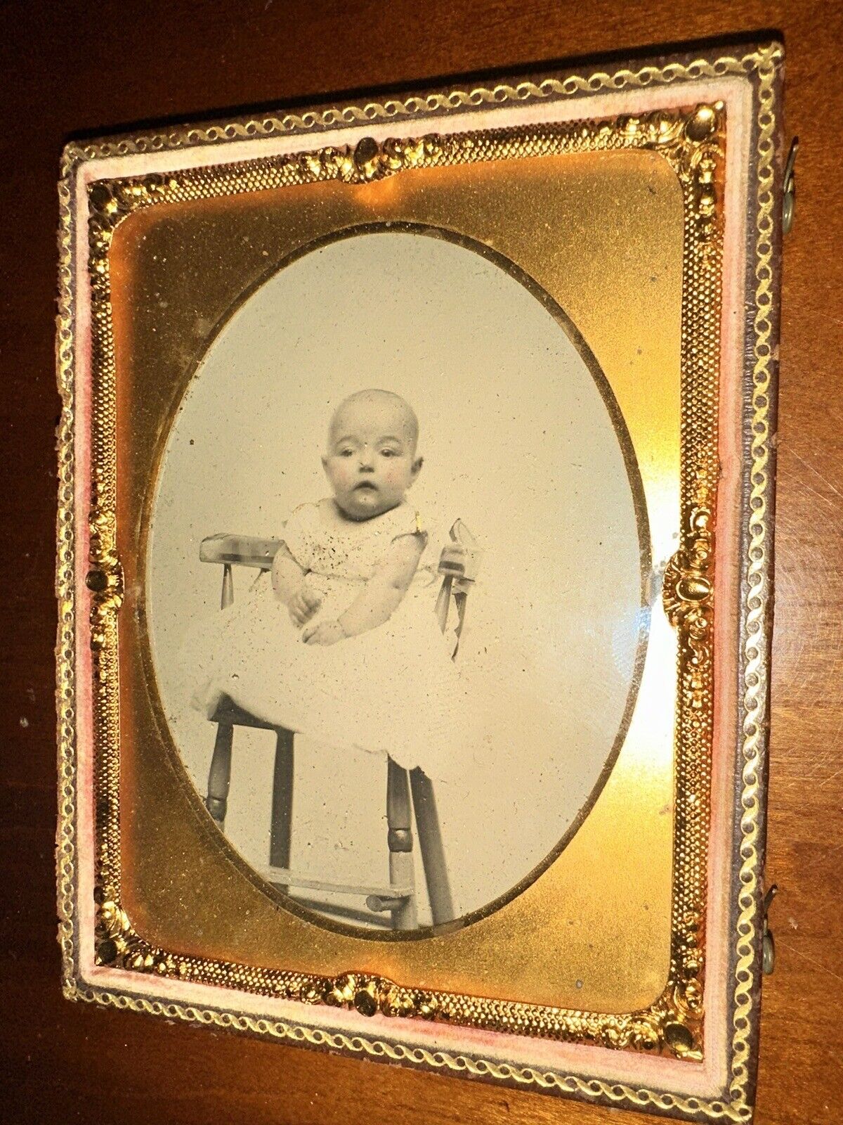 1/4 Ambrotype Of A Baby in High Chair Antique 1850s 1860s Photo