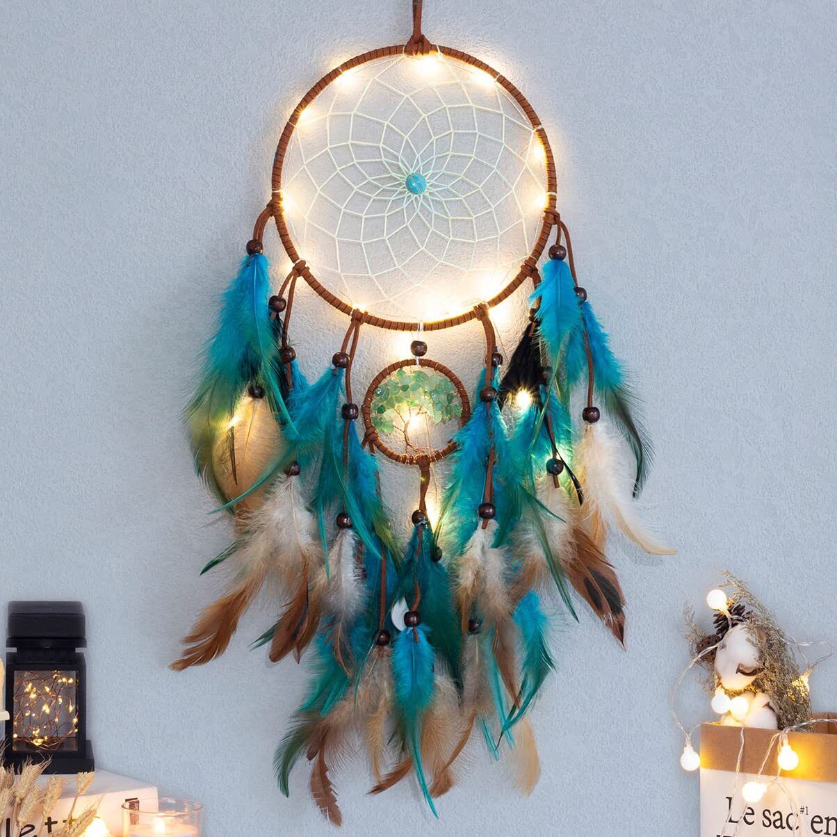 Dream Catcher Blue Tree of Life with Feathers, Mobile LED Fairy Lights Handma...