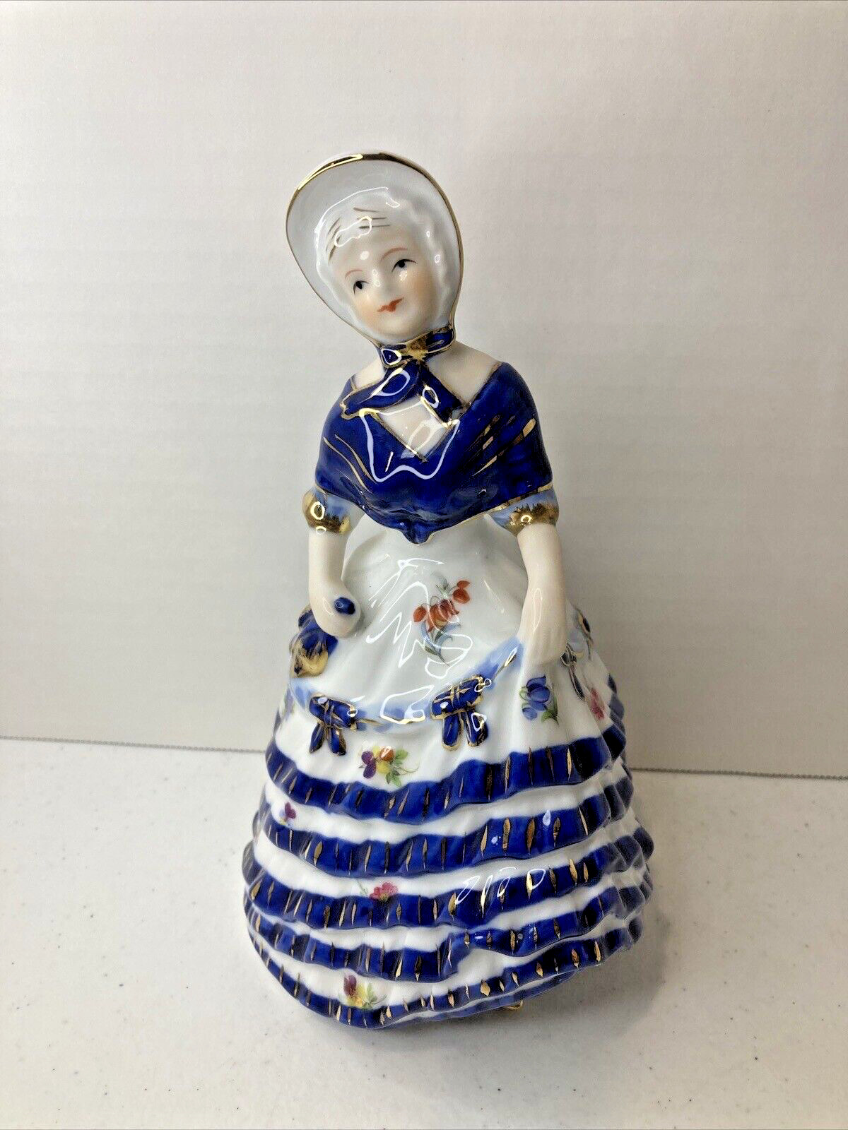 Victorian Lady Figurine KPM Berlin Germany Porcelain Blue and White Gold Dress