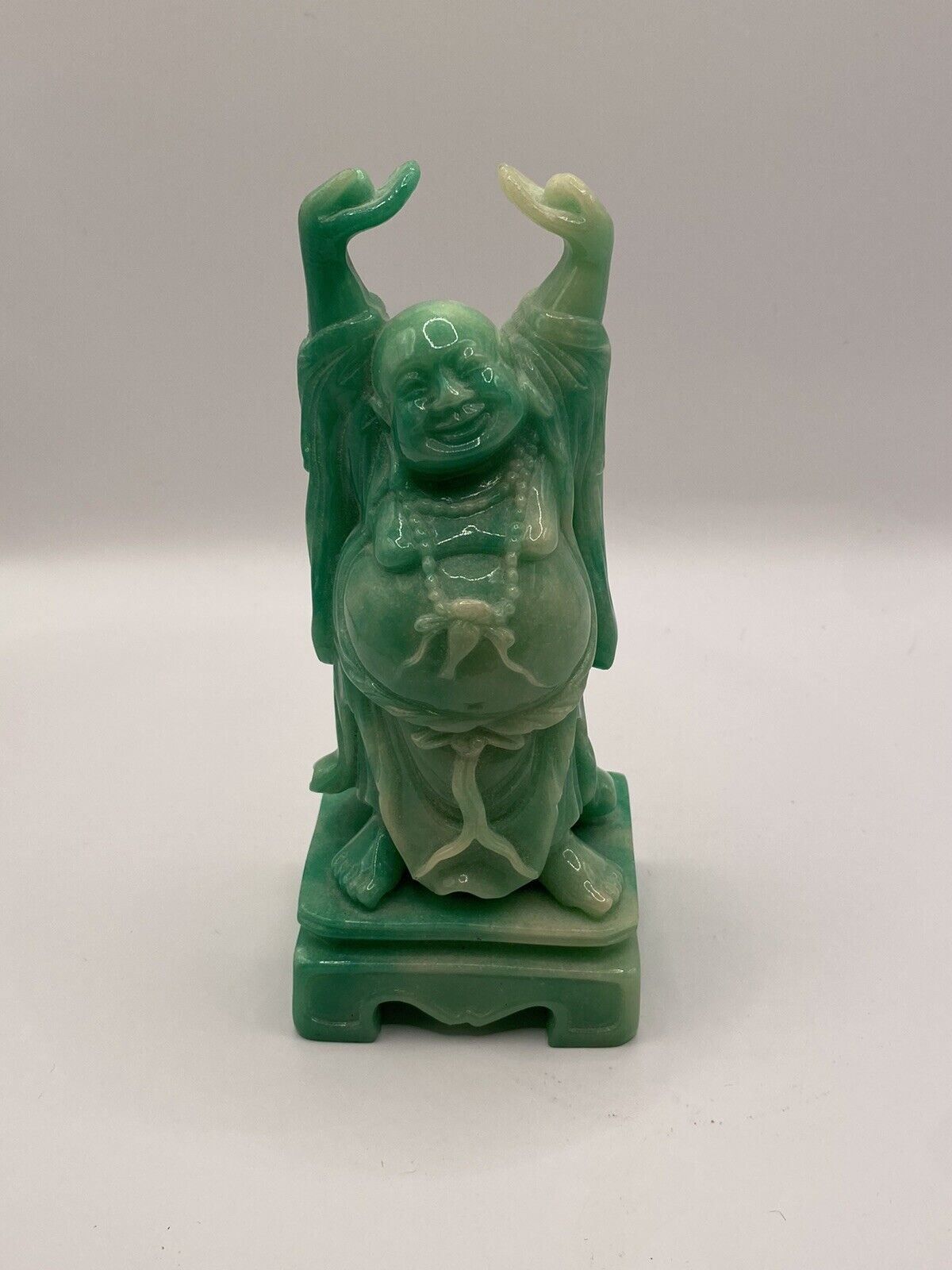 Vintage Buddha Chinese Resin Faux Jade Happy / Laughing Hands Up Lucky Figurine