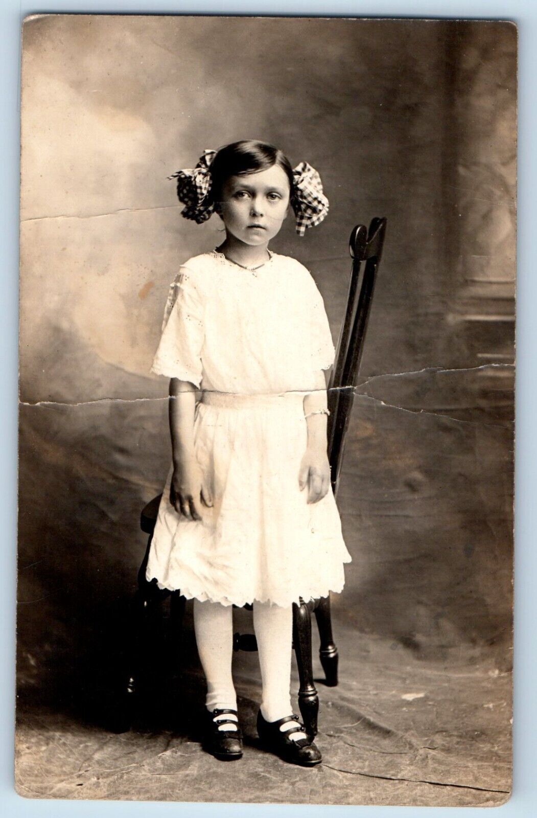 Pretty Little Girl Postcard RPPC Photo Plaided Ponytail Studio c1910\'s Antique