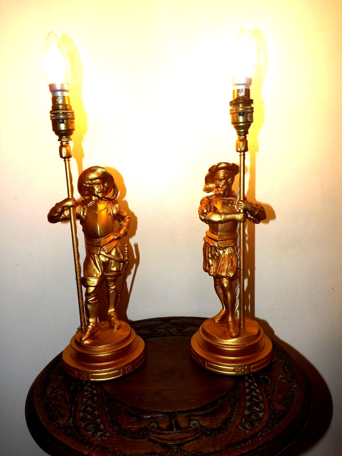 Antique Pair Of  Gilt Spelter Cavalier Converted Table Lamps