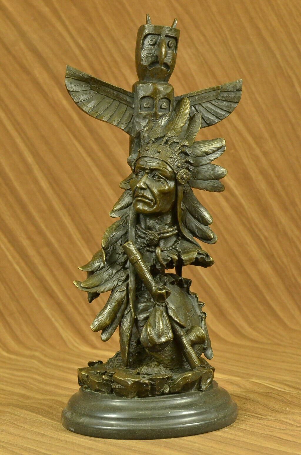 NATIVE AMERICAN INDIAN CHIEF GERONIMO BUST SPEAR BRONZE FIGURINE ART SIGNED GIFT