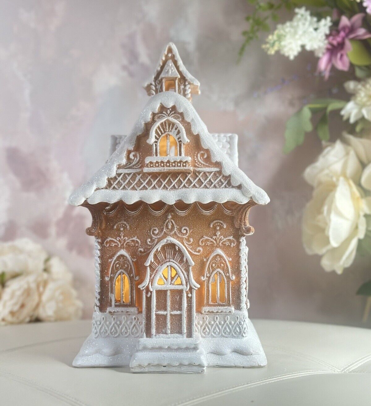 Christmas LED 13”Gingerbread Victorian House W/Beautiful Lace Swirls Frosted NEW