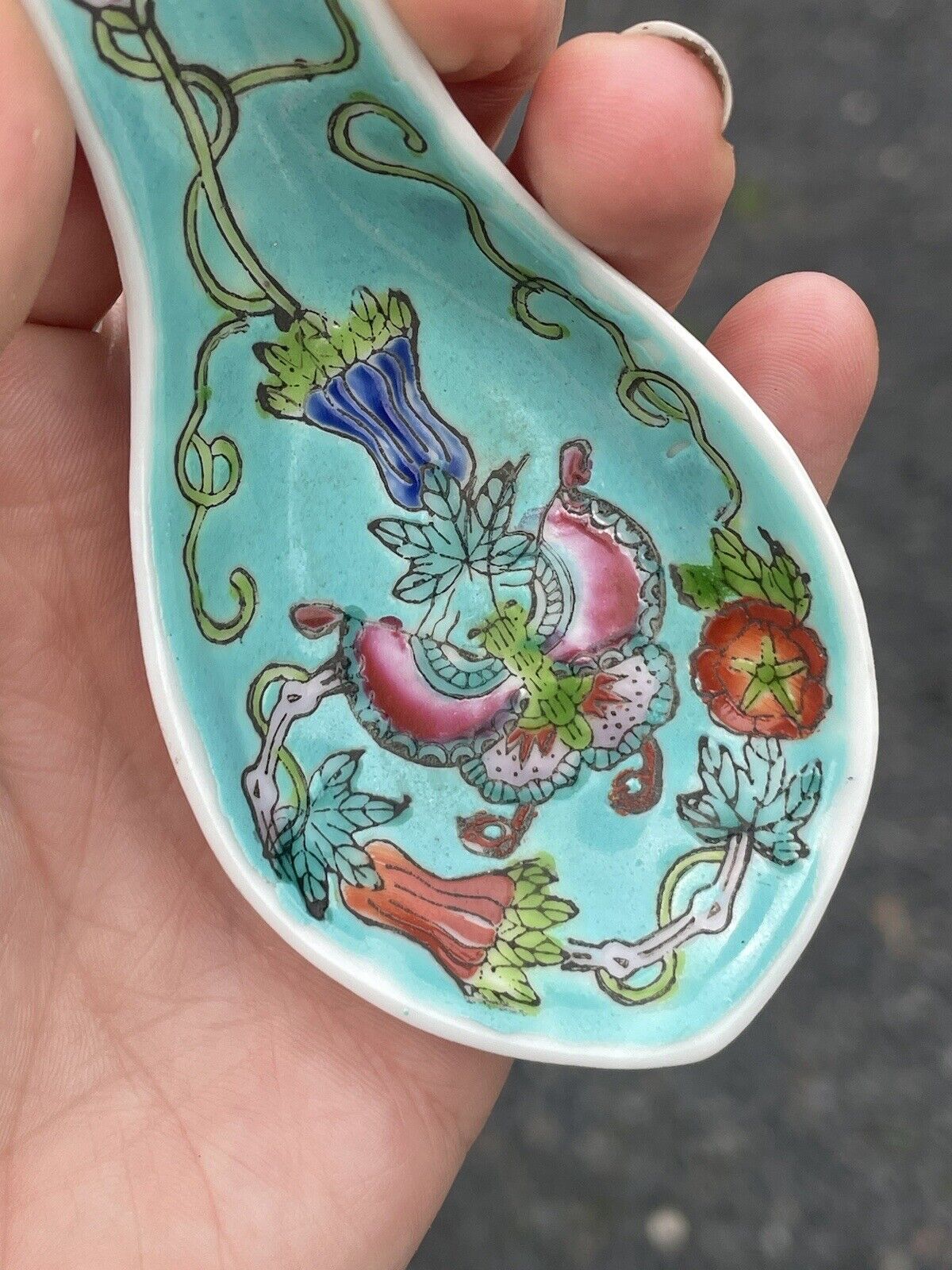 Antique Chinese Asian Porcelain Soup Spoon Blue Famille Rose Collectible Painted