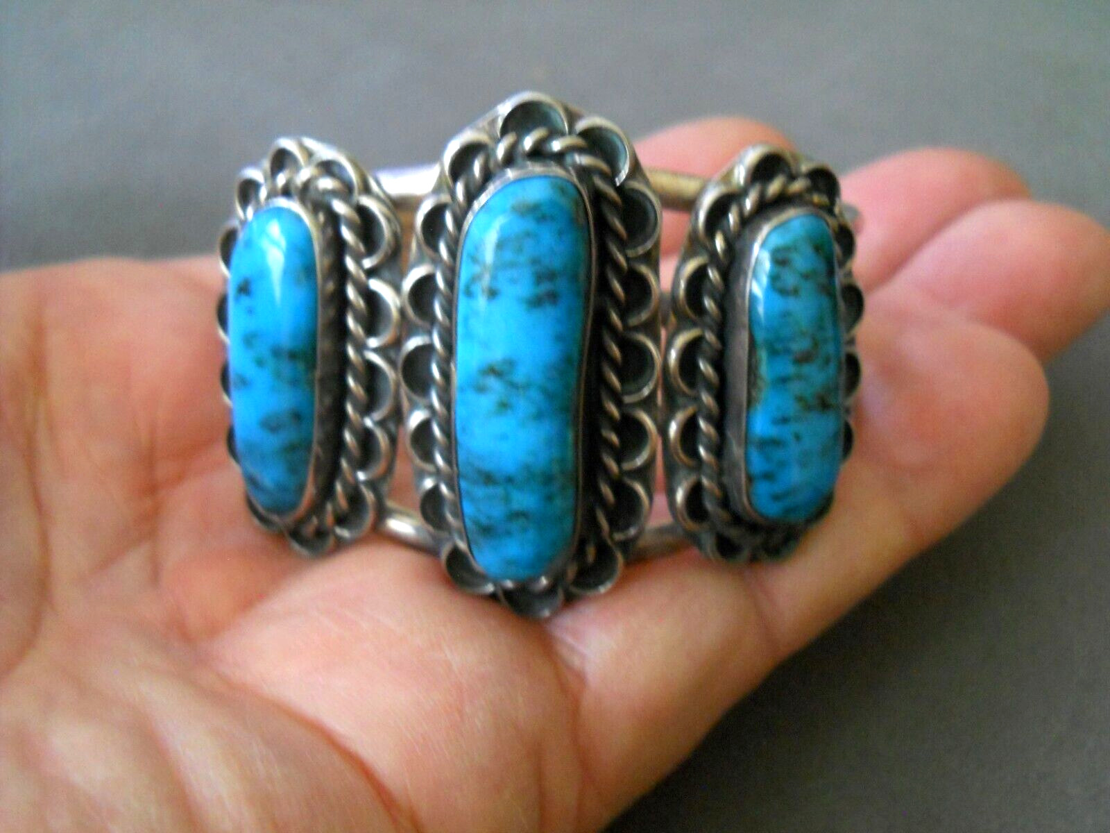 Native American Navajo 3-Stone Rich Blue Turquoise Sterling Silver Cuff Bracelet