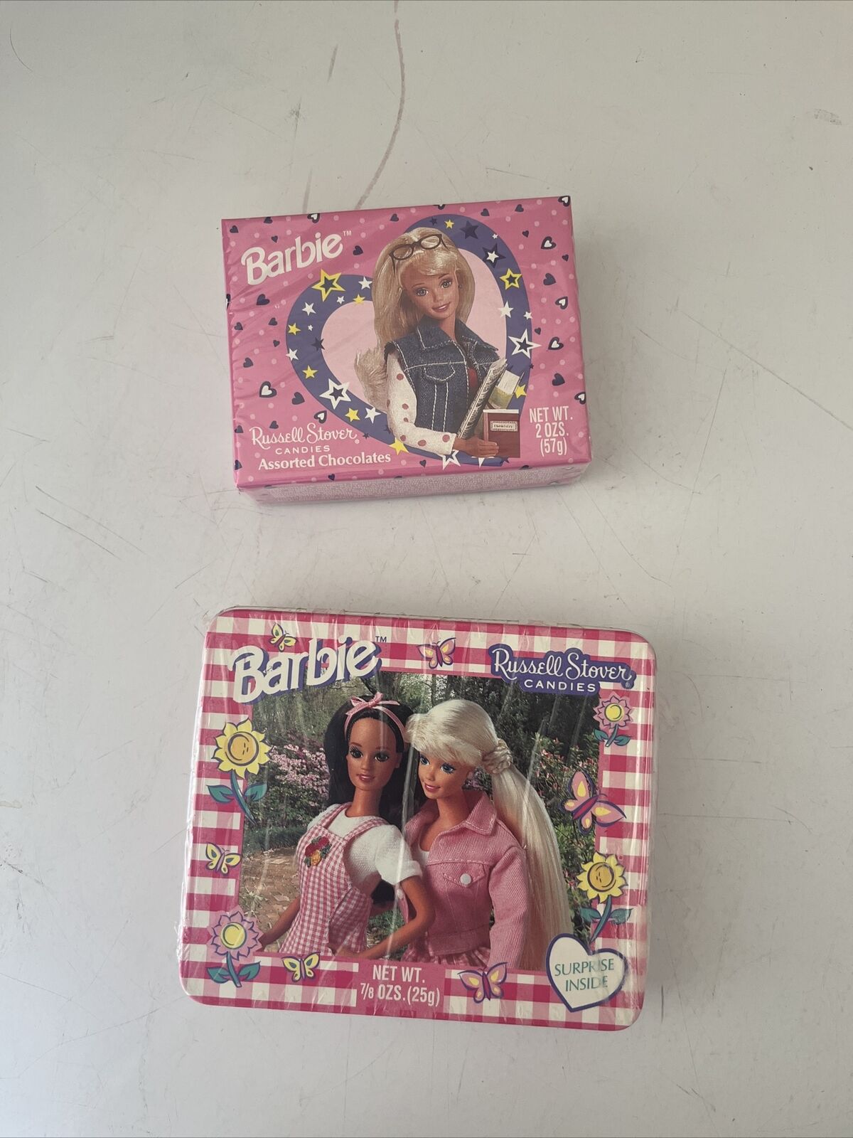 Vintage 1997 Mattel Barbie Russell Stover Candy Tin Stickers Stamp Pad