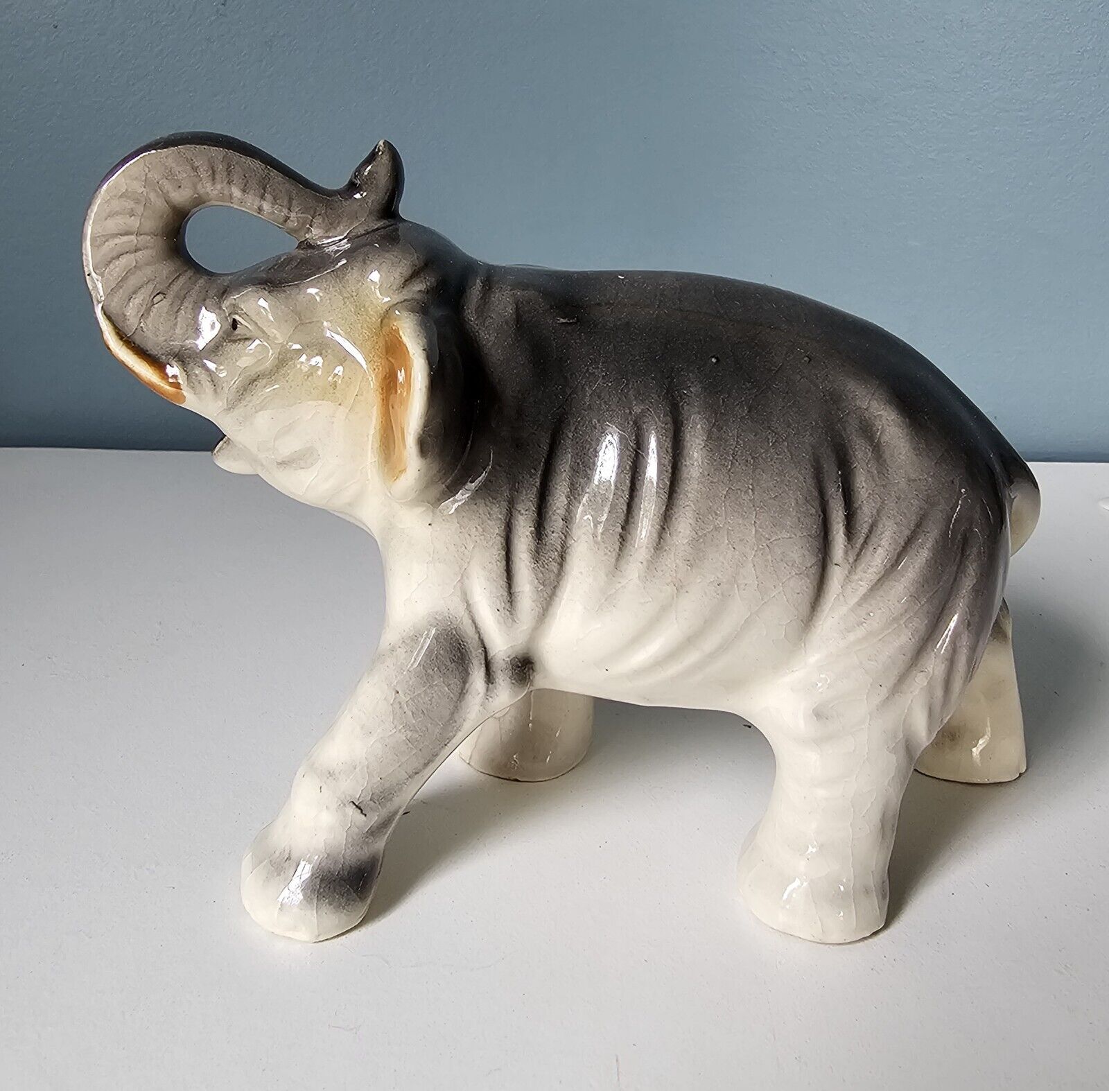 Elephant Figurine Ceramic Grey Trunk Up Good Luck Vintage Japan