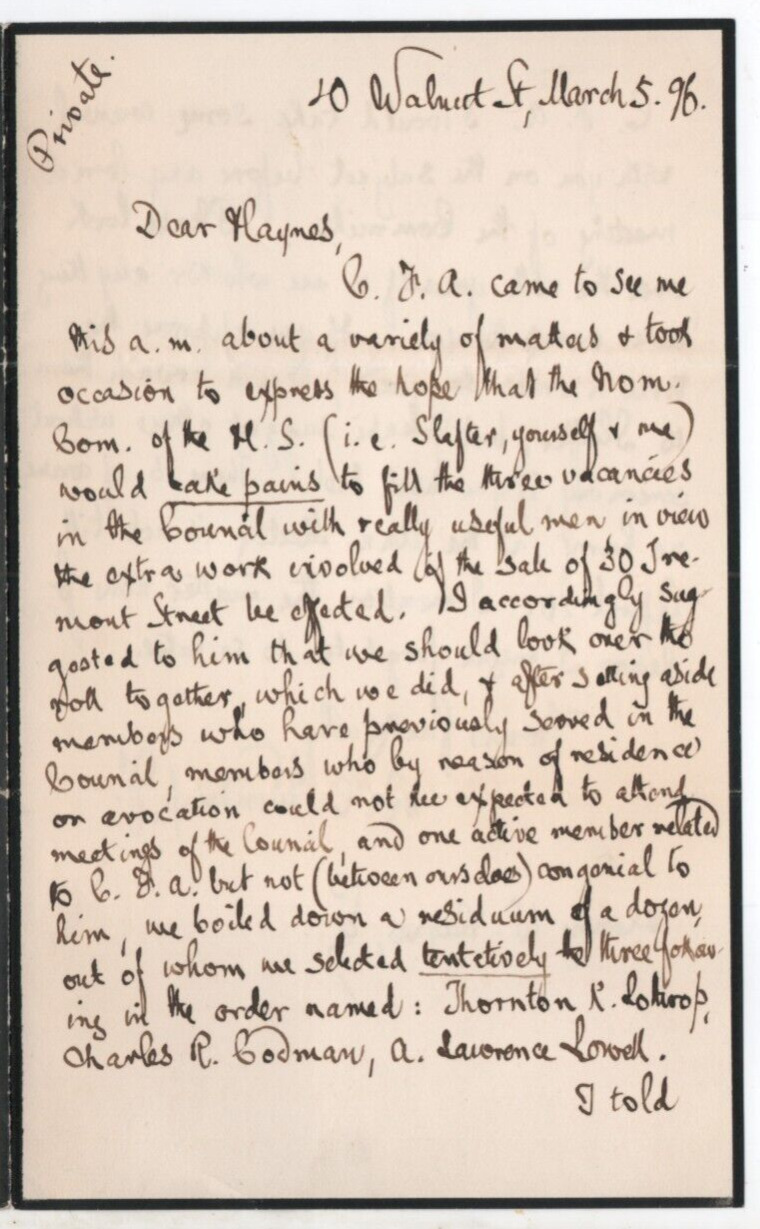 Robert C. Winthrop Jr. SIGNED letter to Henry W. Haynes -- Charles Francis Adams