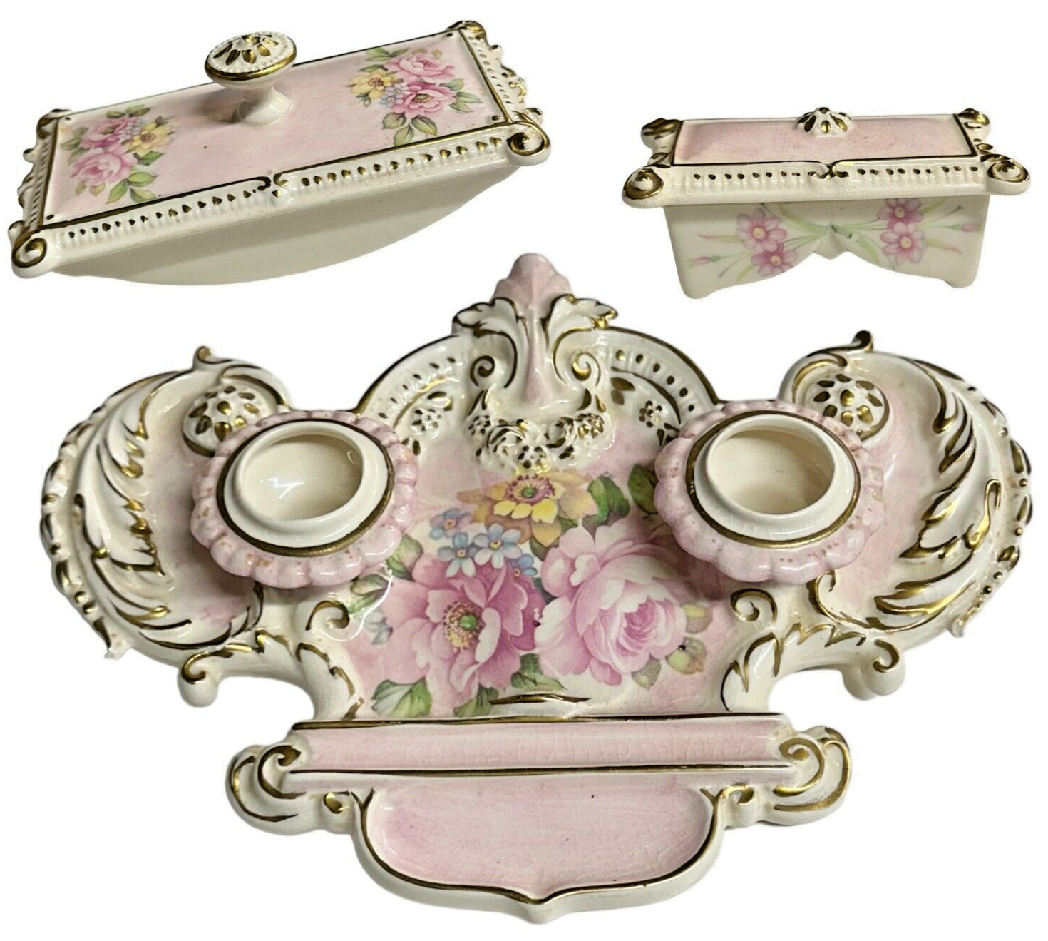 VTG Victorian Porcelain Double Inkwell Desk Set Blotter Quill Box Gold Gilt