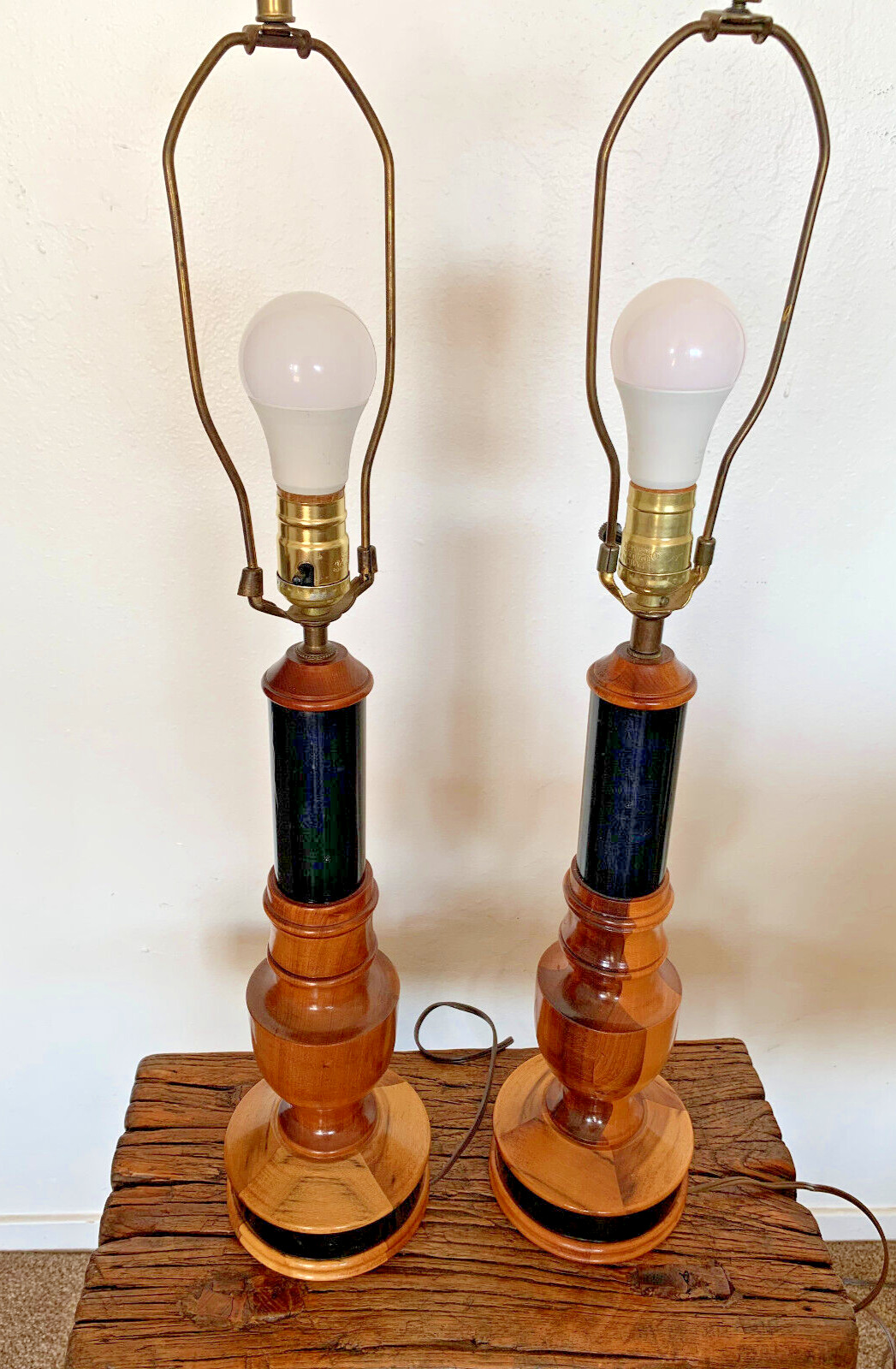 Pair Vintage Hand Crafted in Oregon Myrtle Wood Table Lamps