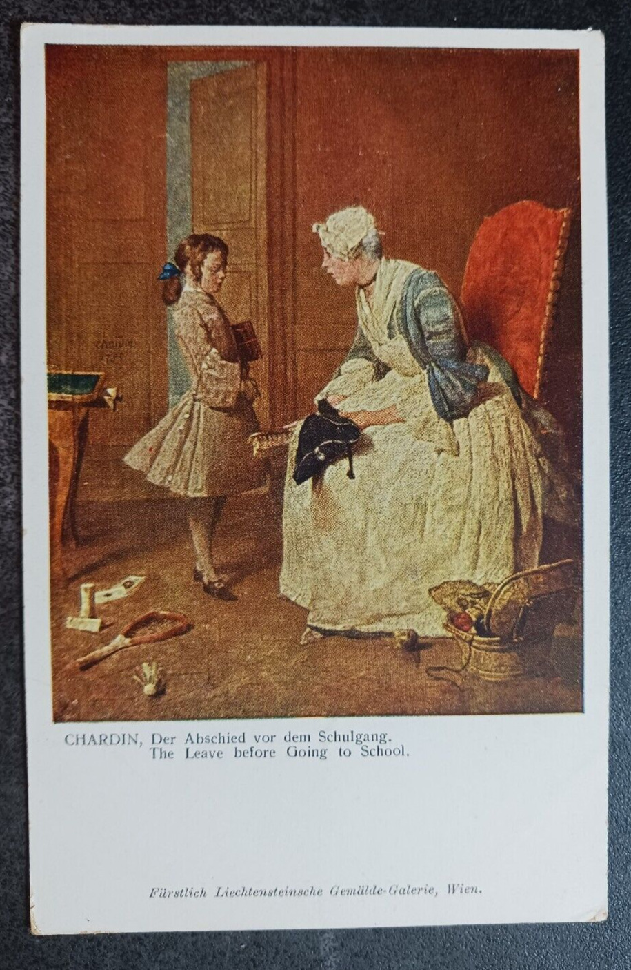 vtg postcard Chardin The Leave before going to School painting art unposted