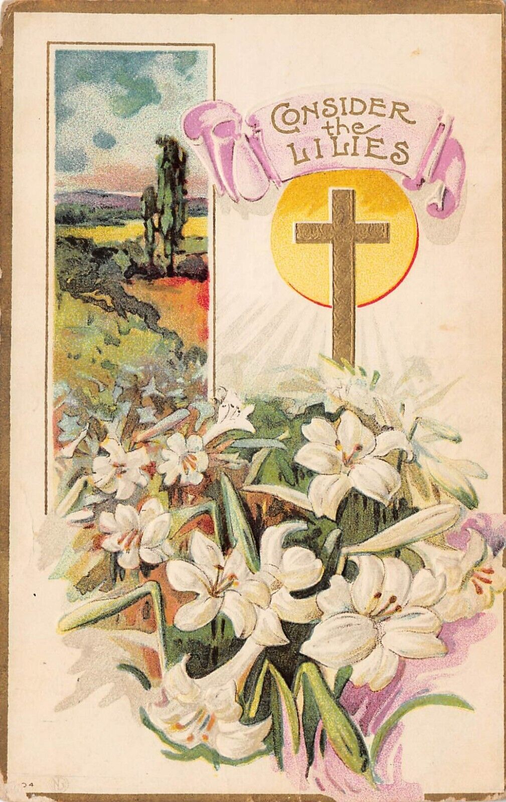 Antique Easter Card Cross White Flower Lily Botanical Medford OK Vtg Postcard V6