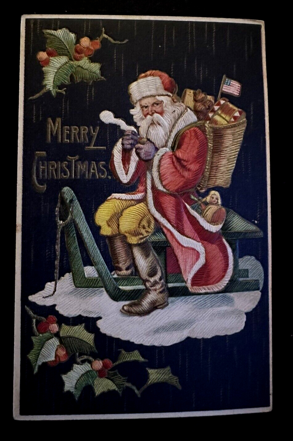 Patriotic ~Santa Claus~Yellow Pants on Sled~Flag~Antique Christmas Postcard~h783