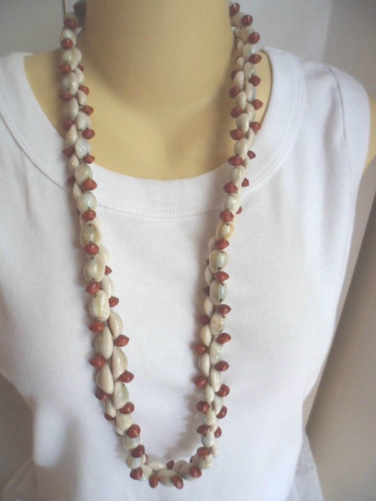 OLD VINTAGE MULTI COWRIE SHELL and SEED DOUBLE STRAND LONG CONTINUOUS NECKLACE 