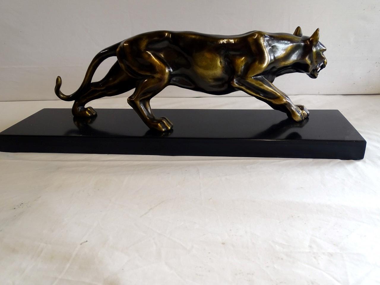 Art Deco Bronze Patinated Panther On Marble Base. .