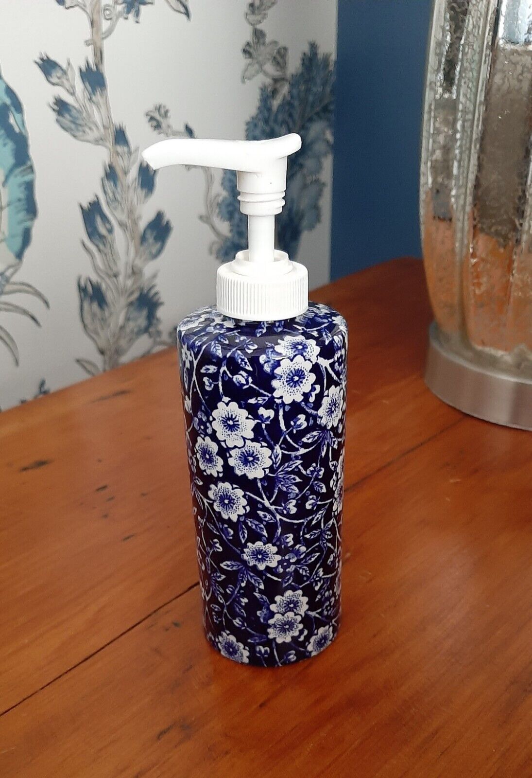 Vintage Burleigh Staffordshire England Blue Calico 6oz Soap Lotion Dispenser 