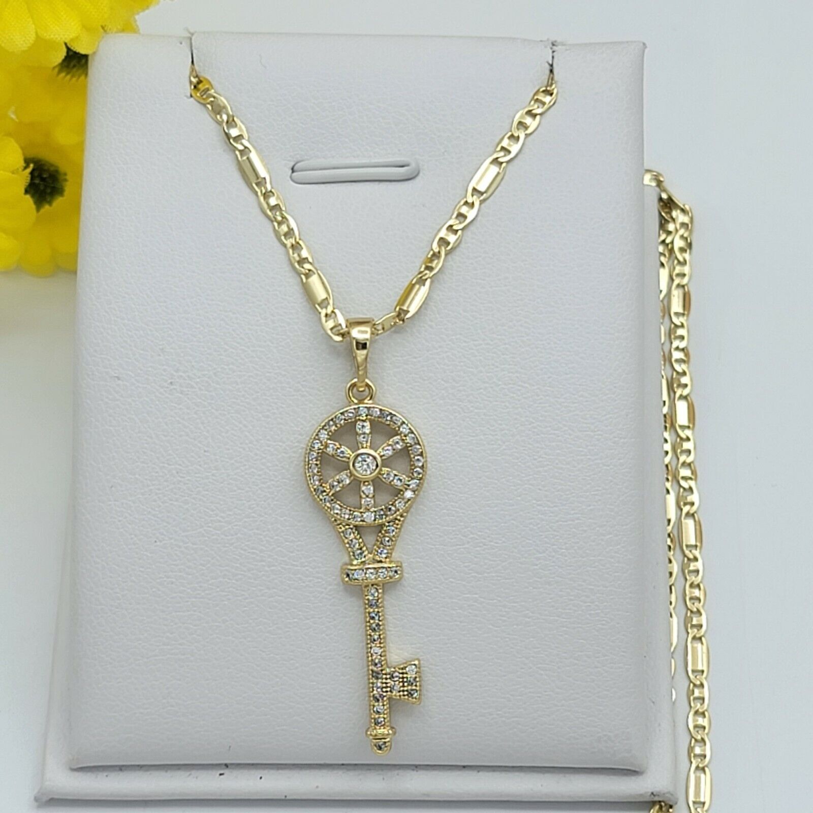 14K Gold Plated Elegant Flower CZ Key Pendant Necklace. Key to a Heart