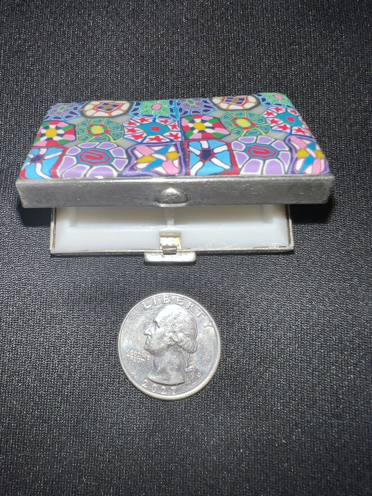 Antique Micro Mosaic Patch Hinged Trinket Pill Box Silver Metal Italy NICE.