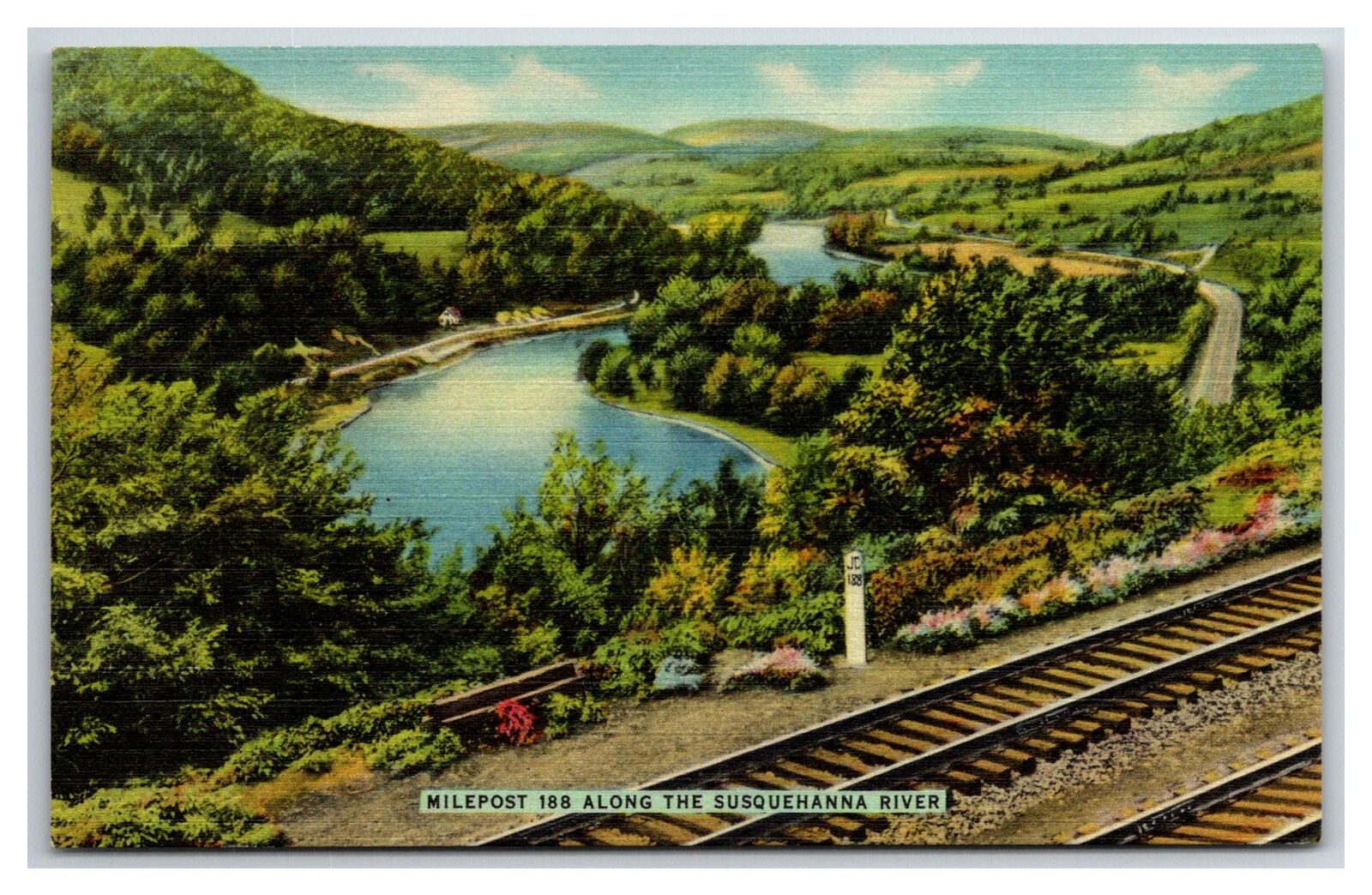Postcard Linen Erie Railroad Milepost 188 Along The Susquehanna River