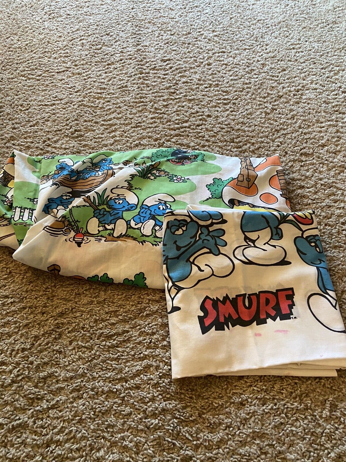 Vintage 80s Smurfs Twin Fitted Sheet & Pillow Case