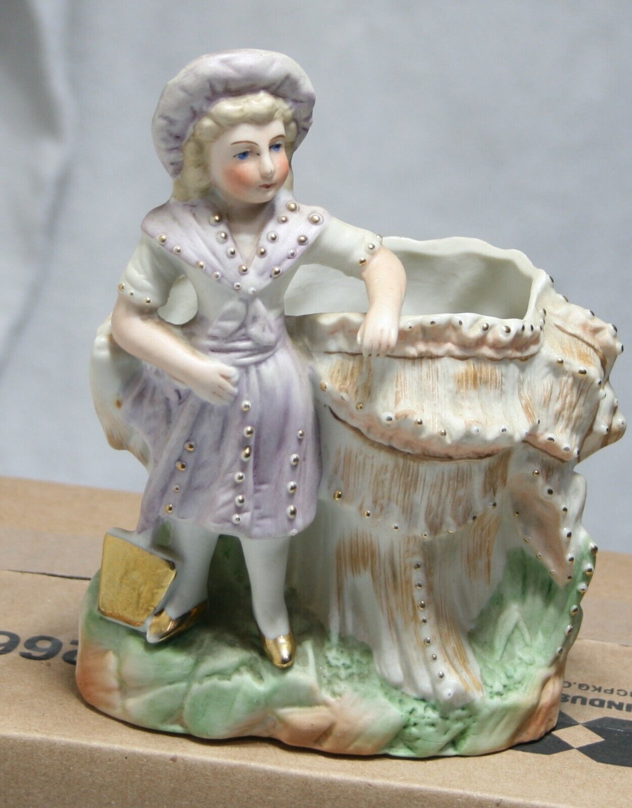 Antique Victorian German Painted Bisque Figural Spill Vase Little Girl W/shovel