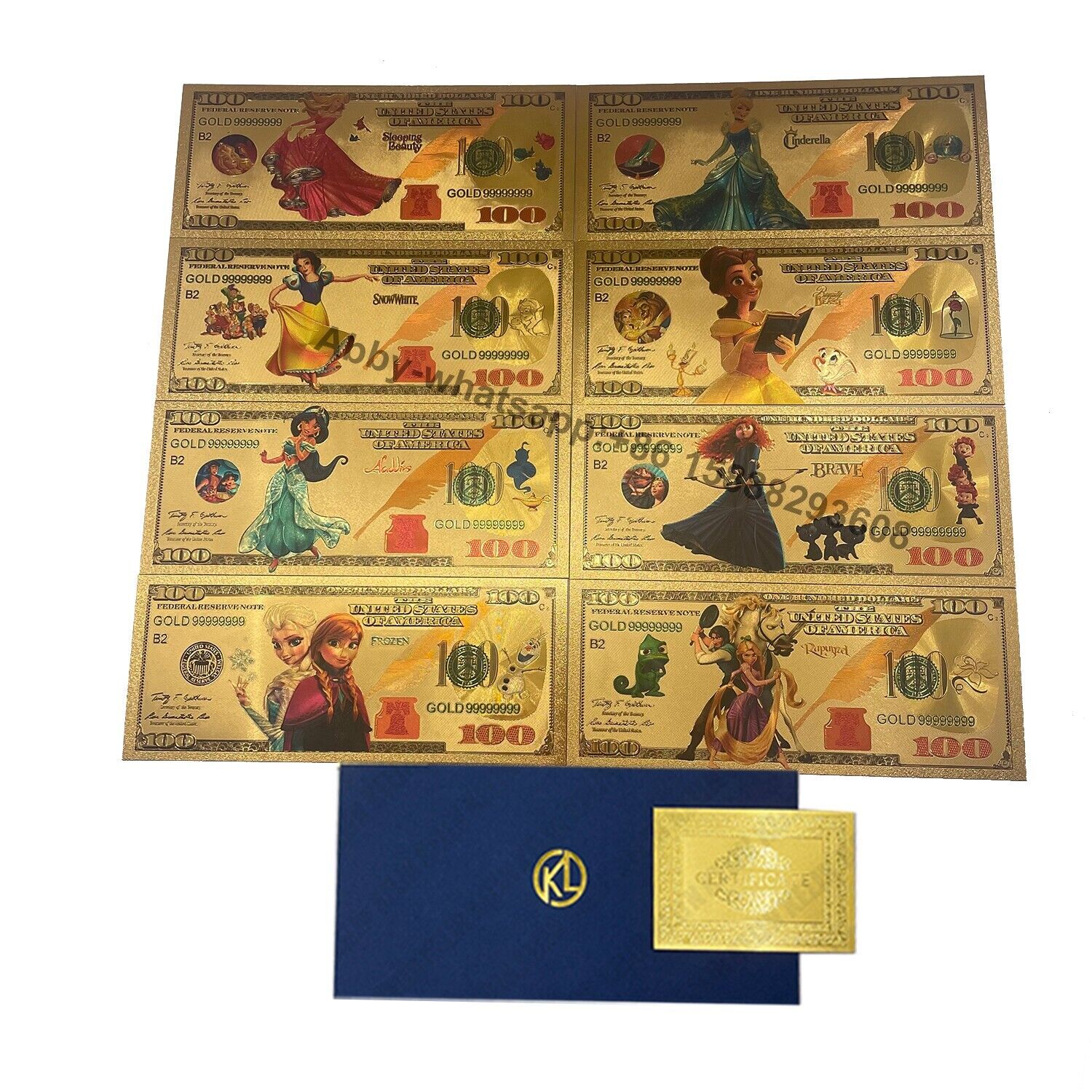 8pcs Princess serie 24k gold Plated Banknote Cartoon Anime Collectibles