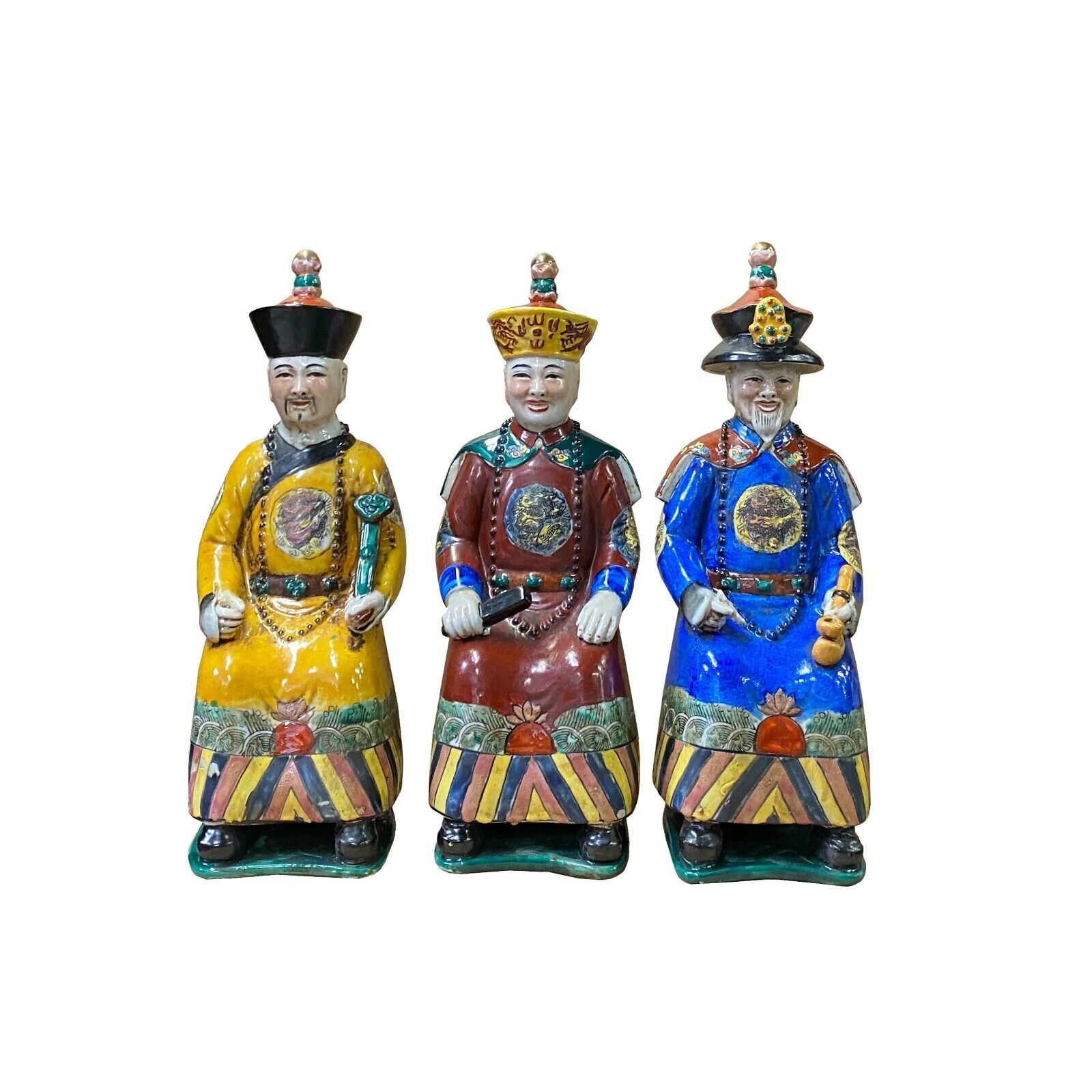 Chinese Color 3 Sitting Ching Qing Emperor Kings Figure Set ws2003