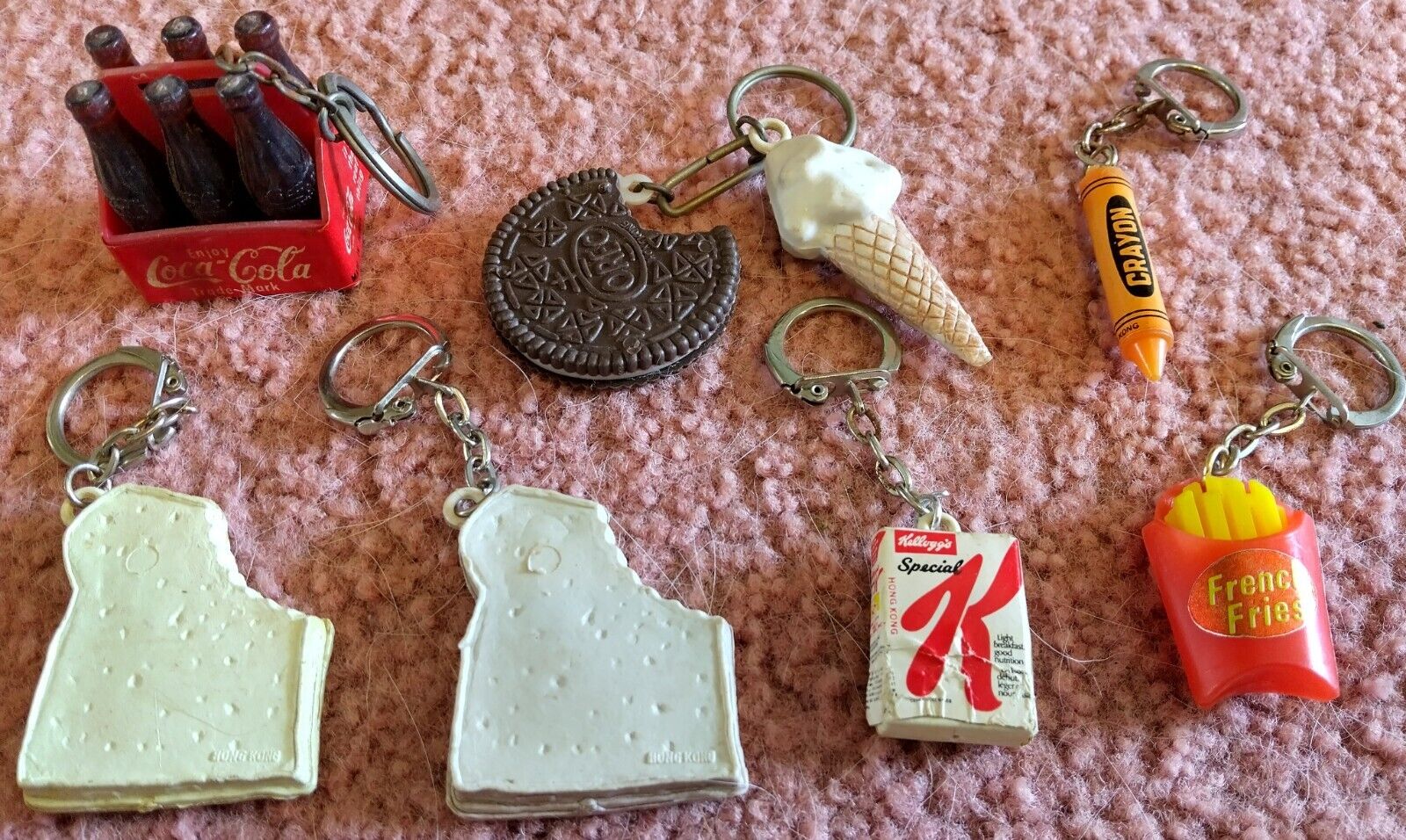 Lot Of 7 Vintage Novelty Keychains Oreo & Ice Cream Coca-Cola Crayon Fries Cerea