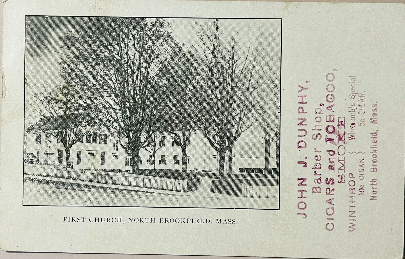 Brookfield First Church Barber Cigar Shop Ad Antique Massachusetts Postcard 1906